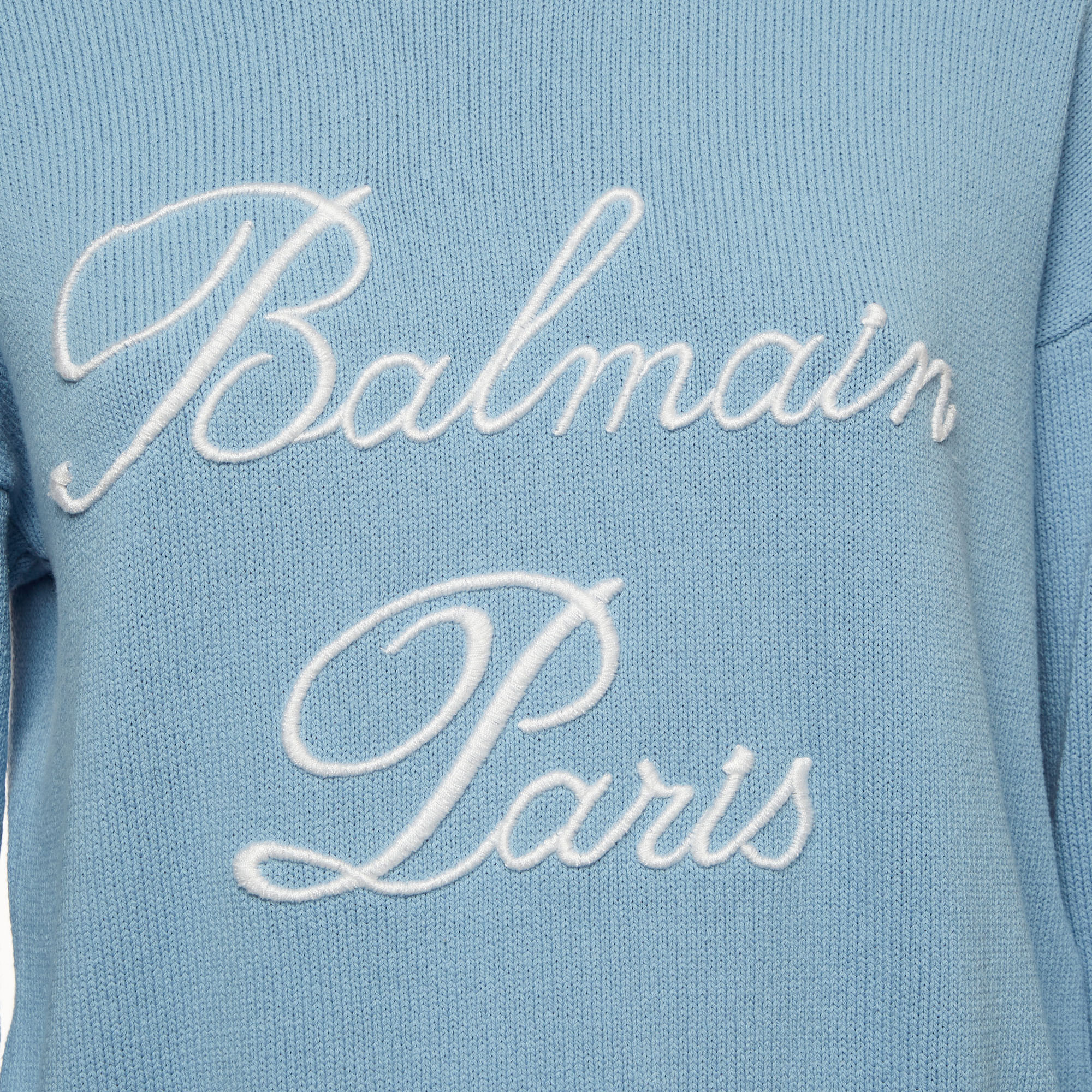 Balmain Light Blue Logo Embroidered Knit Pullover Sweater S