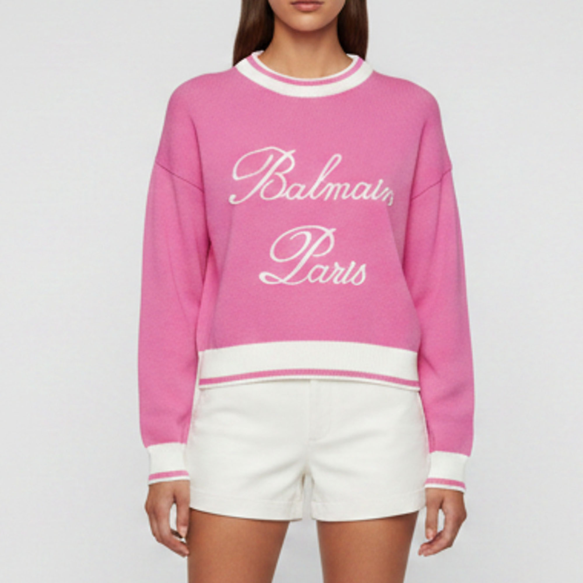 Balmain Pink Logo Embroidered Knit Pullover Sweater S