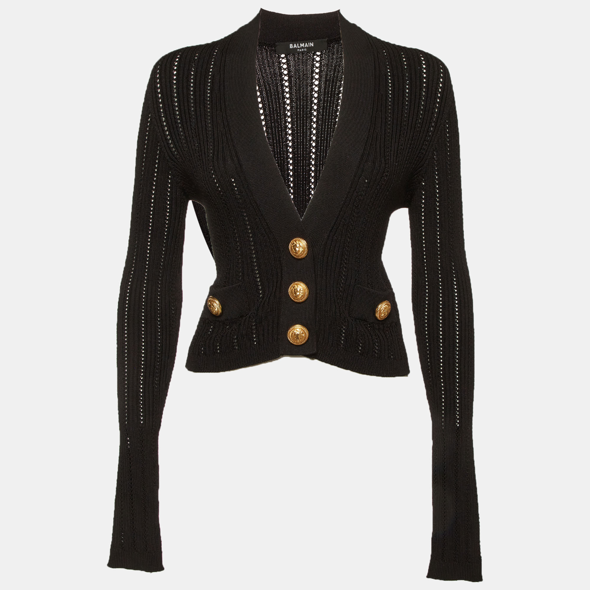 Balmain Black Pointelle Rib Knit V-Neck Cropped Cardigan S