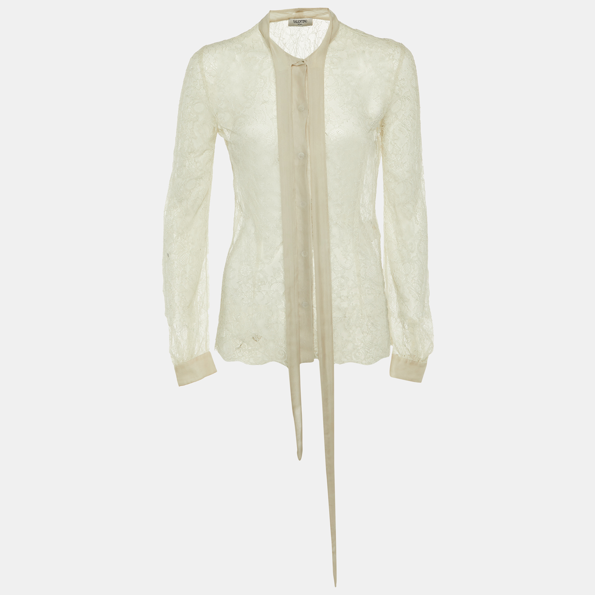 Valentino Pale Grey Lace Neck Tie Sheer Blouse S