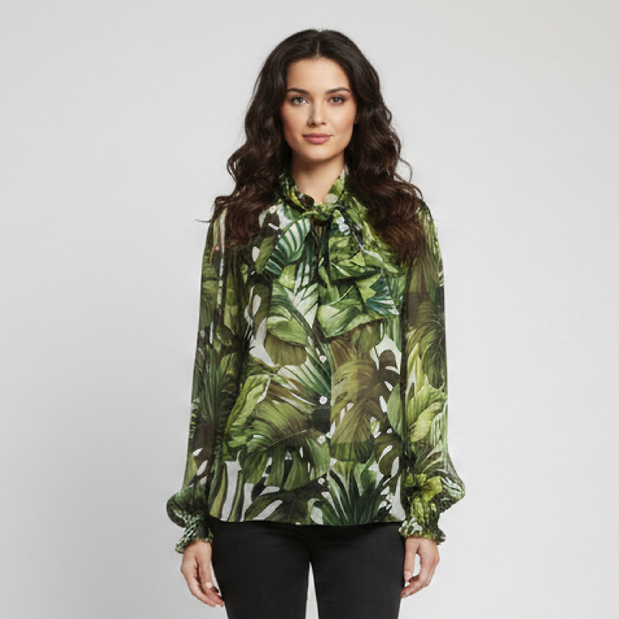 Dolce & Gabbana Green Leaf Print Chiffon Neck Tie Blouse S