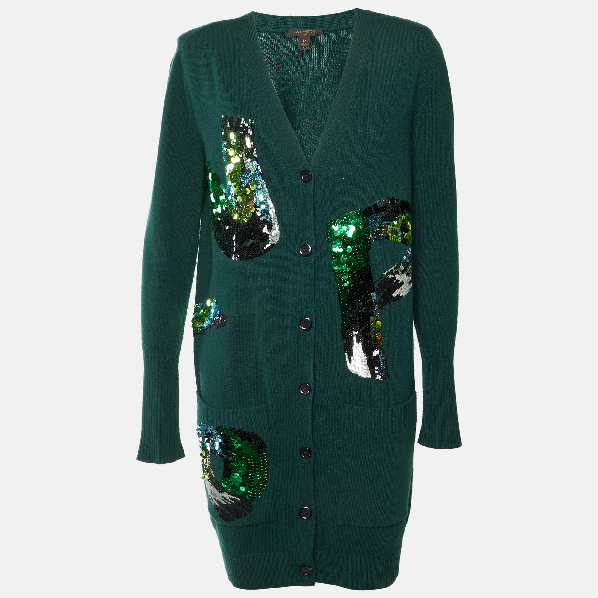 Louis Vuitton Green Sequin Embellished Wool Knit Long Cardigan M
