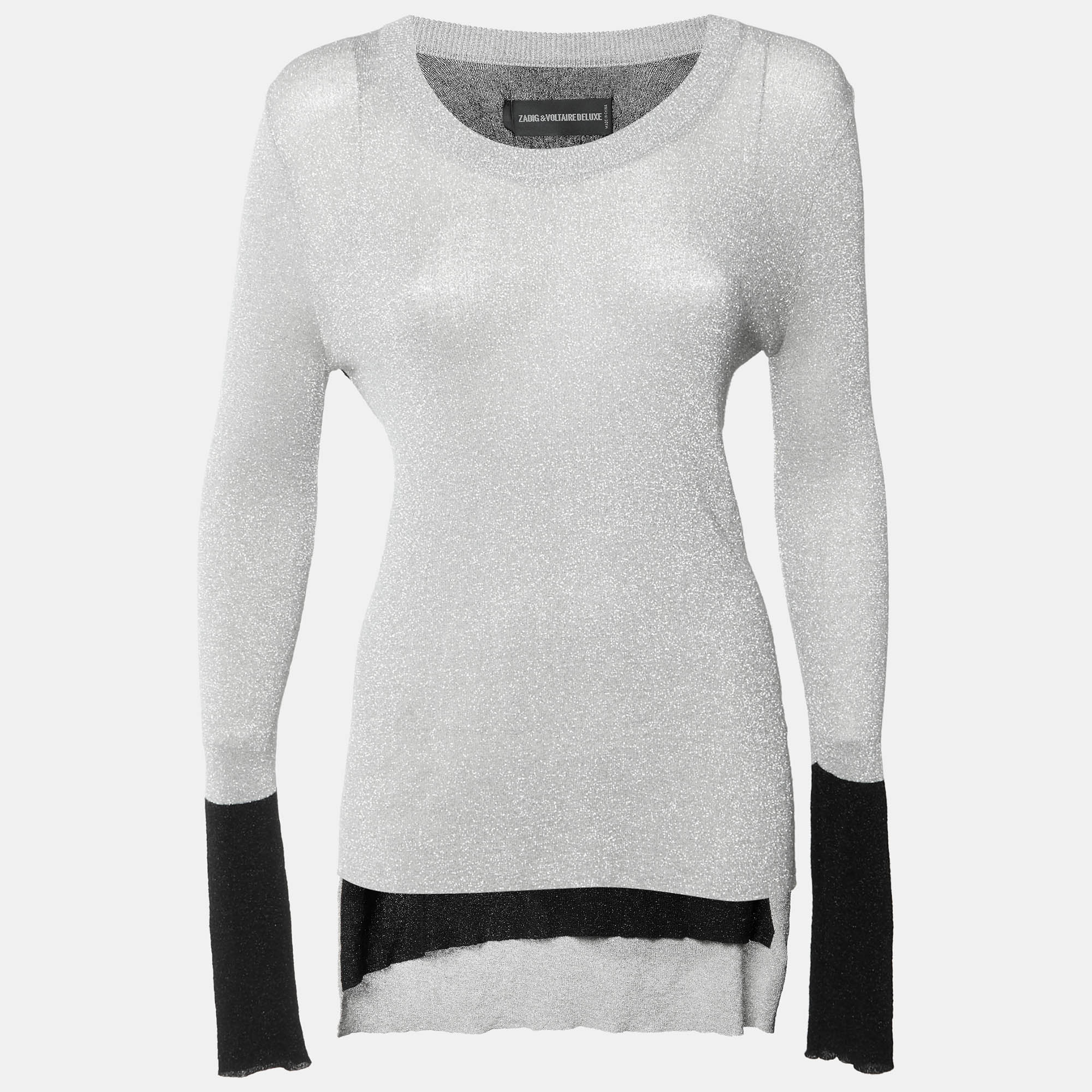 Zadig & Voltaire Silver/Black Lurex Knit Lame Long Sleeve Lucky Top L