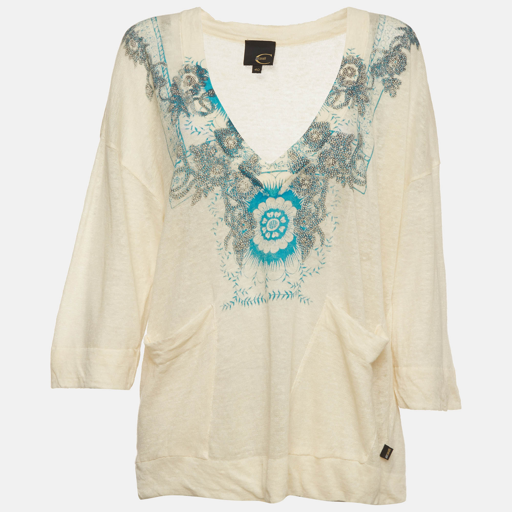 Just Cavalli Cream/Blue Floral Print Knitted V Neck Jumper S