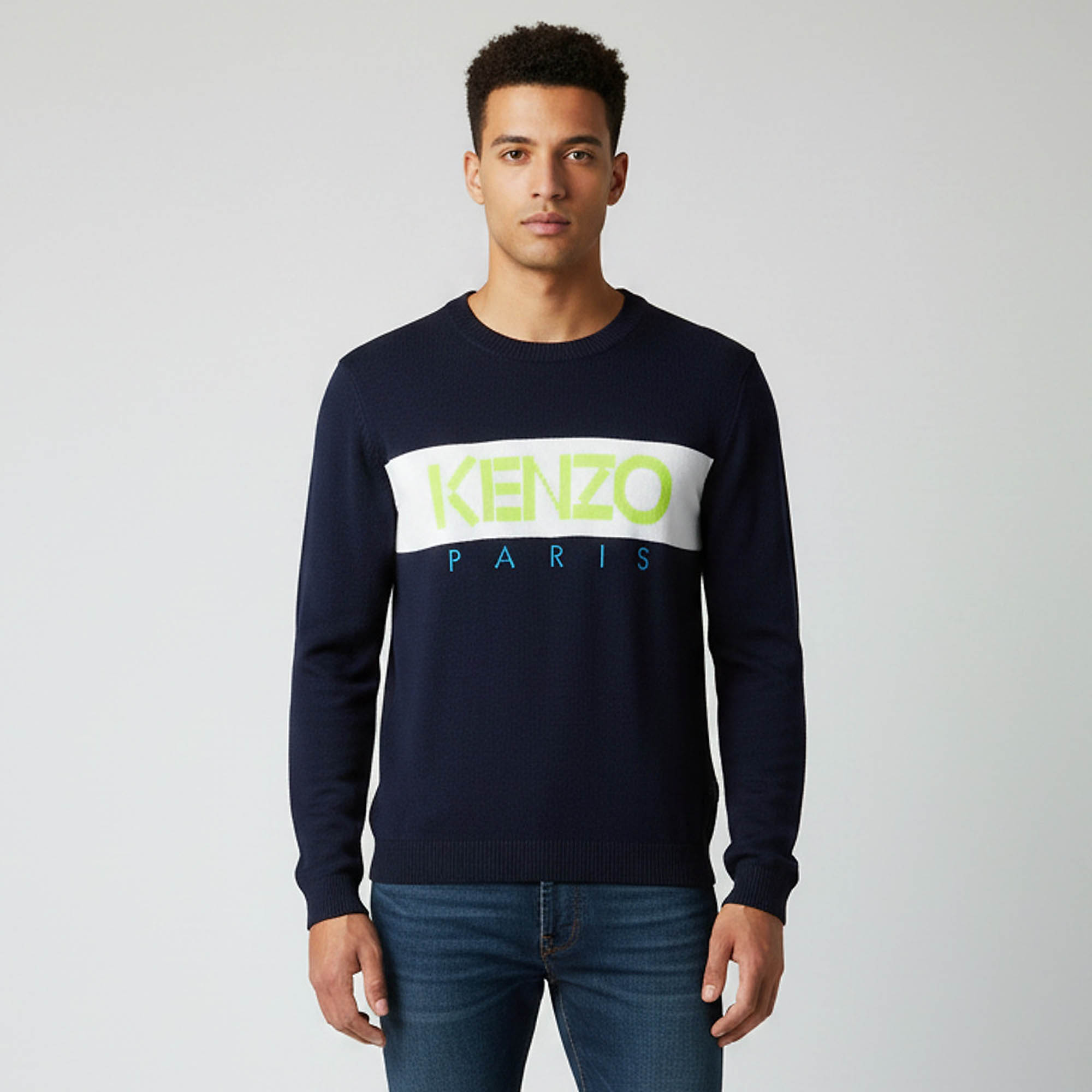 Kenzo Navy Blue/Neon Logo Detail Stripe Intarsia Knit Crewneck Sweater M