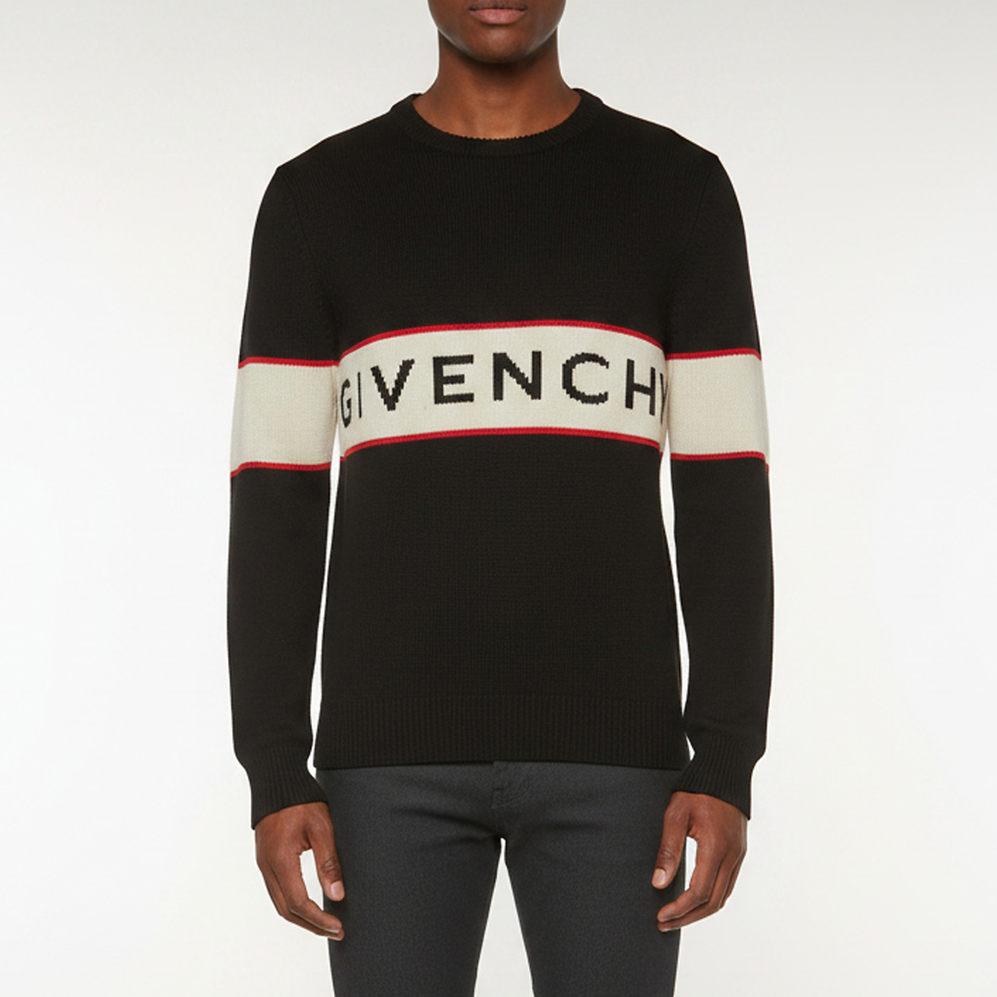 Givenchy Black Striped Logo Intarsia Wool Knit Sweater M