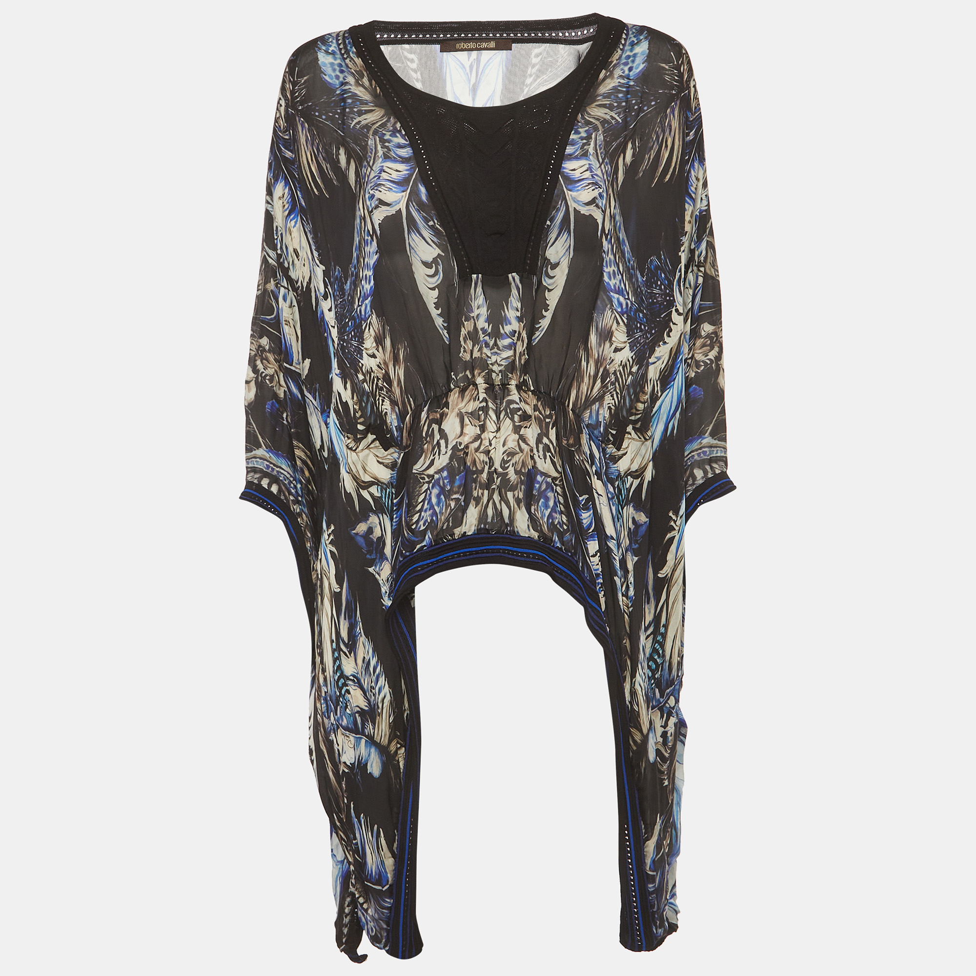 Roberto Cavalli Black Feather Print Silk Kaftan Blouse L