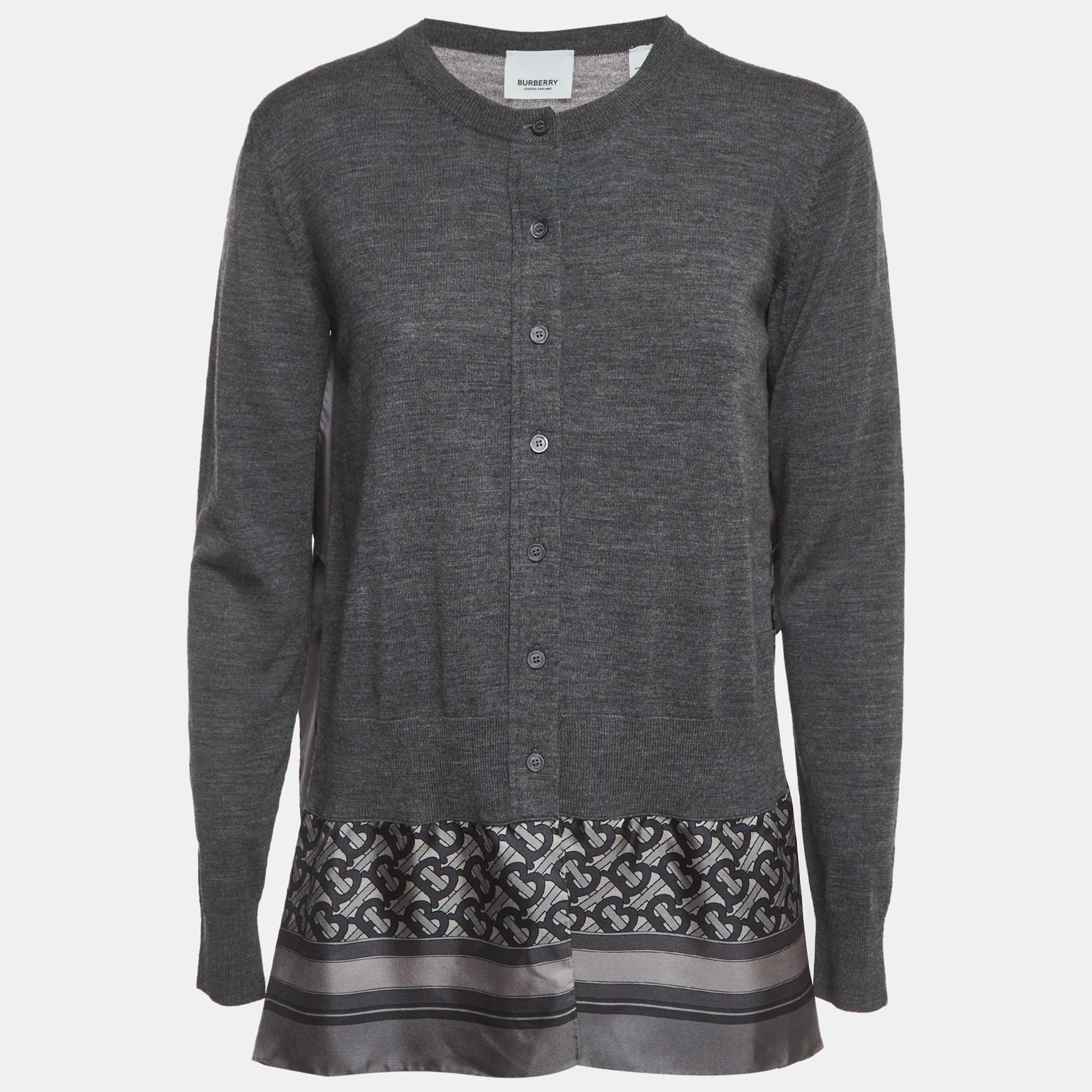 Burberry Grey Monogram Print Wool & Silk Scarf Cardigan S