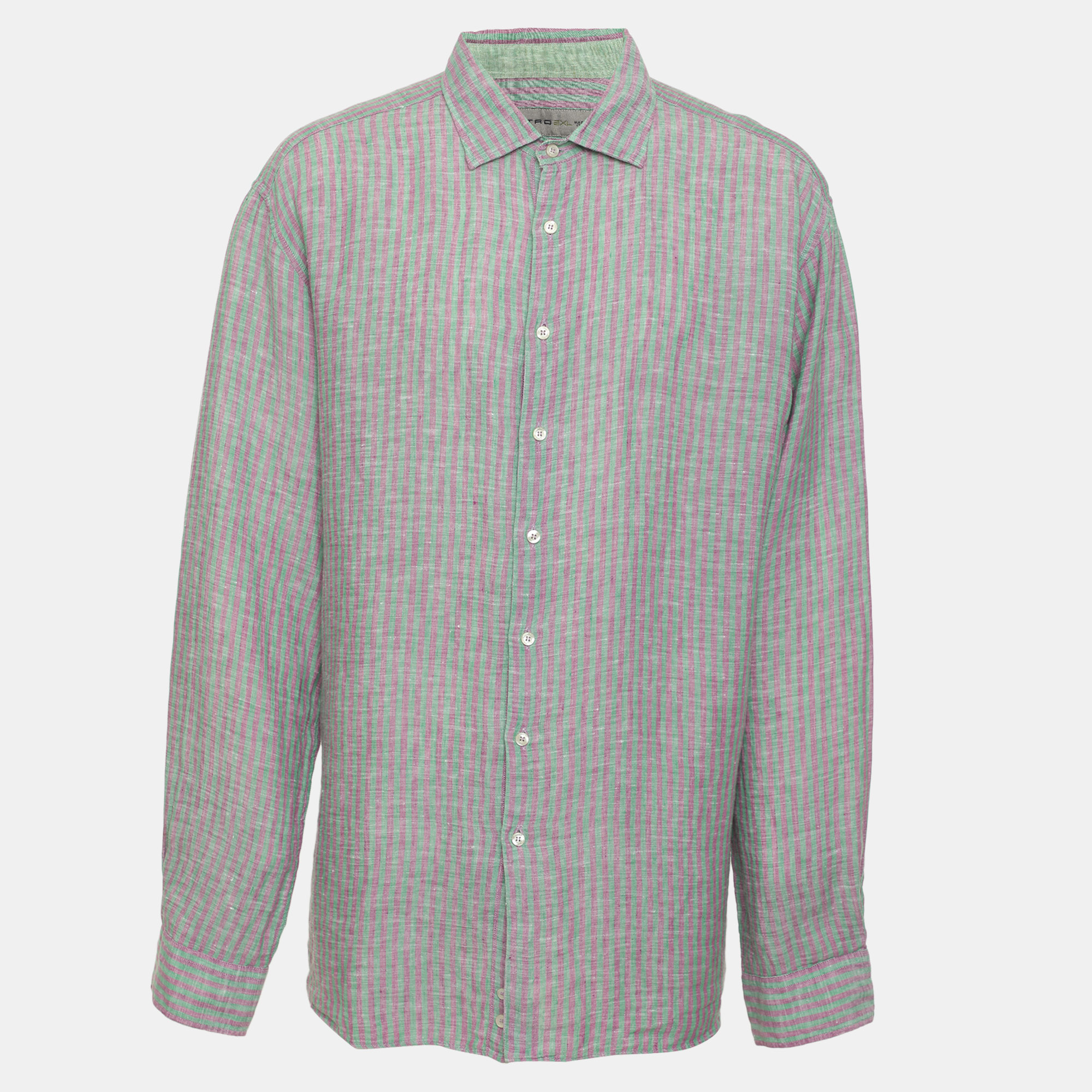 Etro Purple/Green Stripe Linen Long Sleeve Shirt XXL