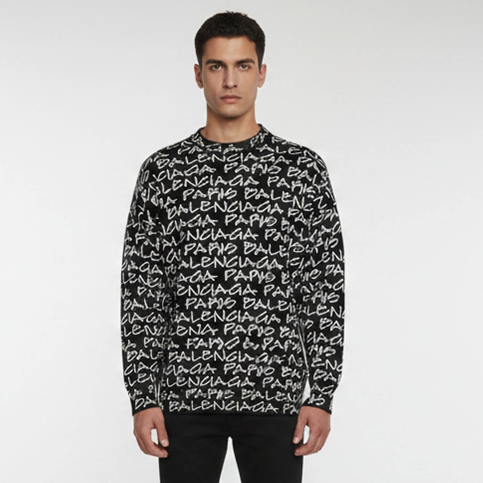 Balenciaga All-Over Logo Print Wool Intarsia Knit Crewneck Sweater S