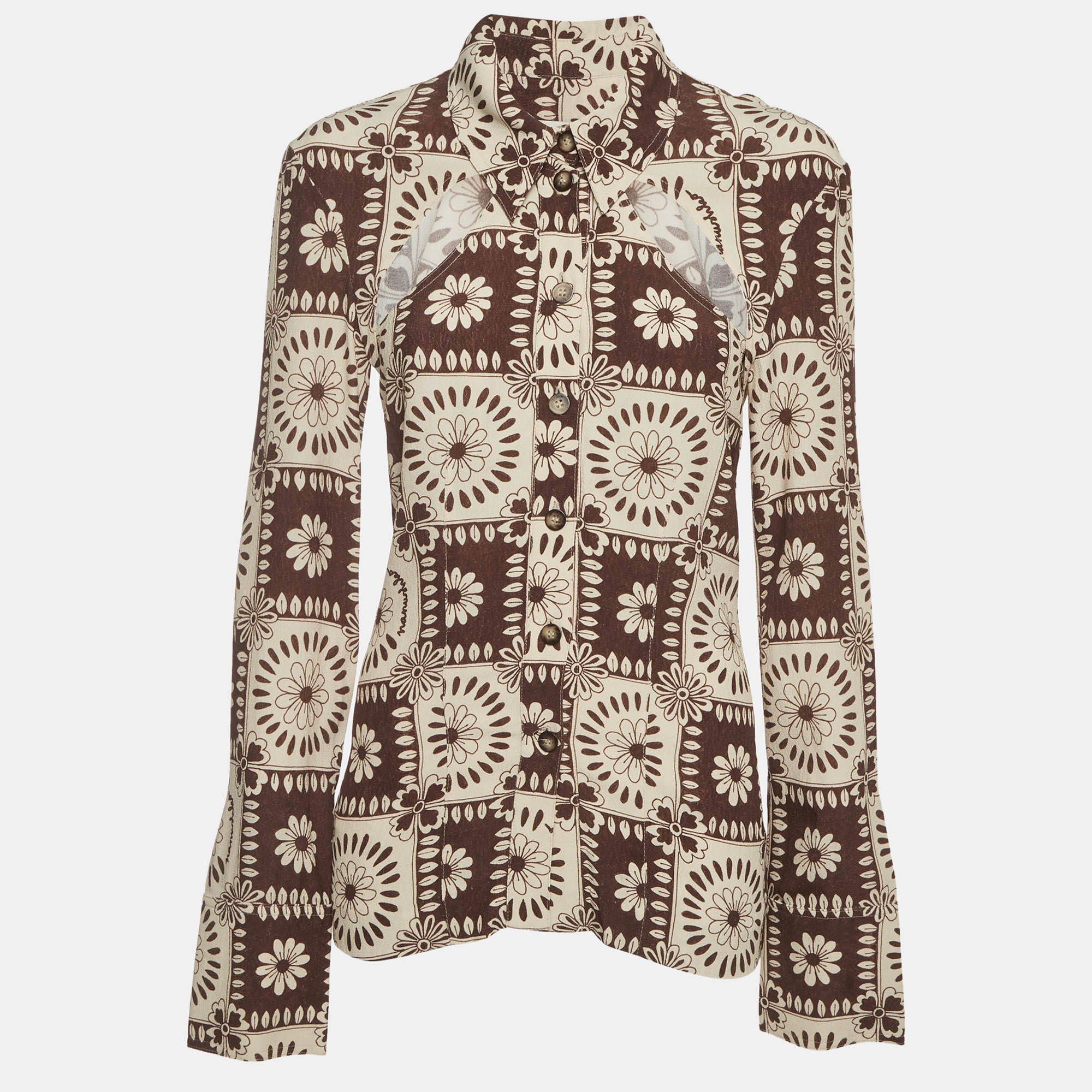 Nanushka Brown Printed Crepe Cut-Out Detail Huyen Shirt S