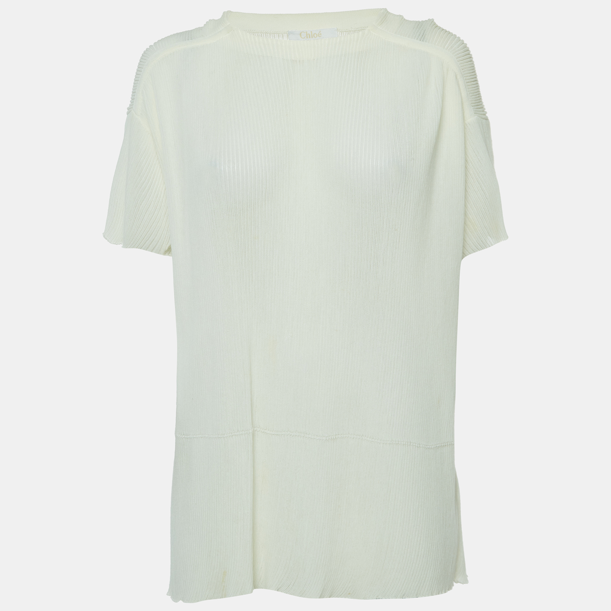 Chlo&eacute; Off White Ribbed Knit Short Sleeve Top M Chloe