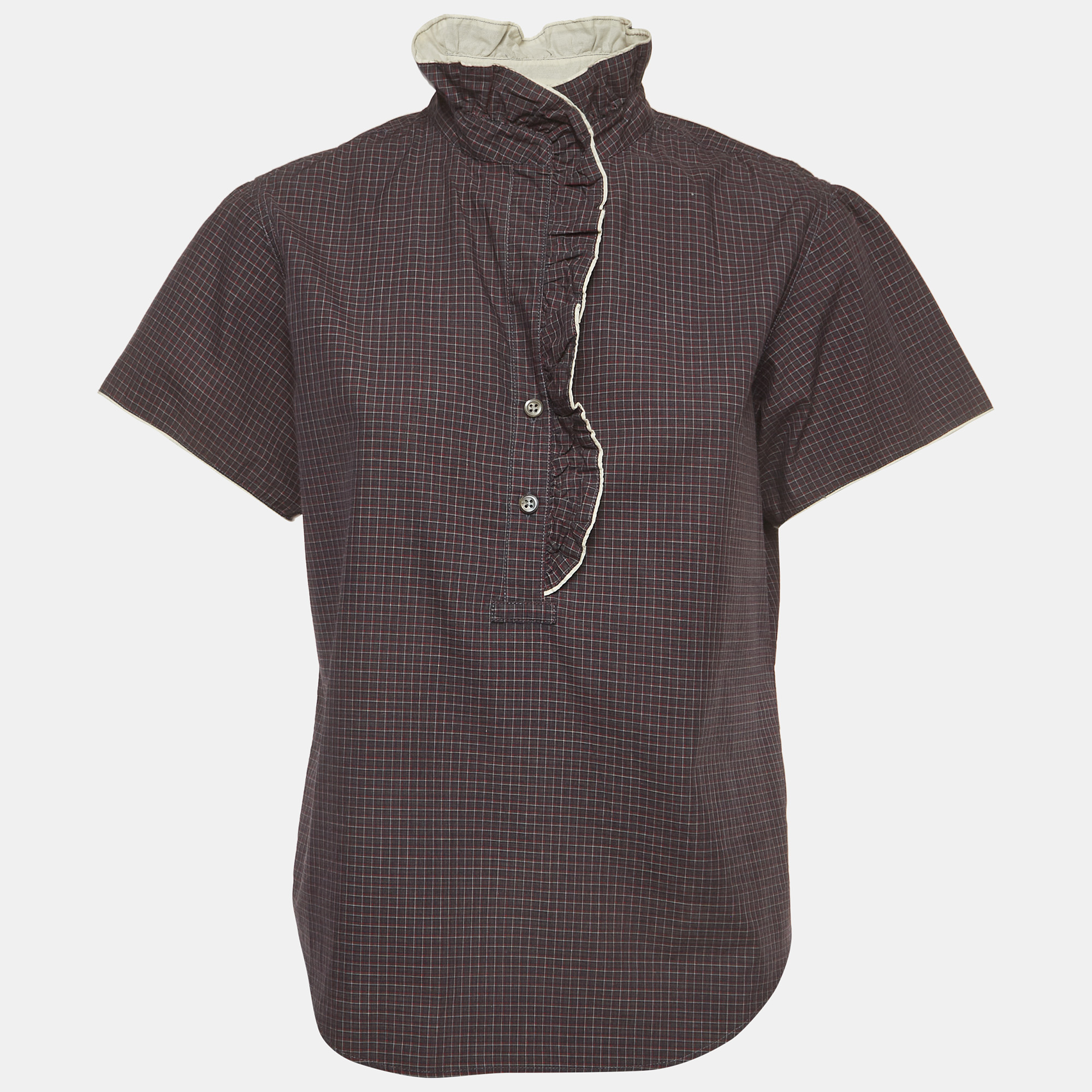 Isabel Marant Grey/Red Check Print Cotton Ruffled Jen Blouse M