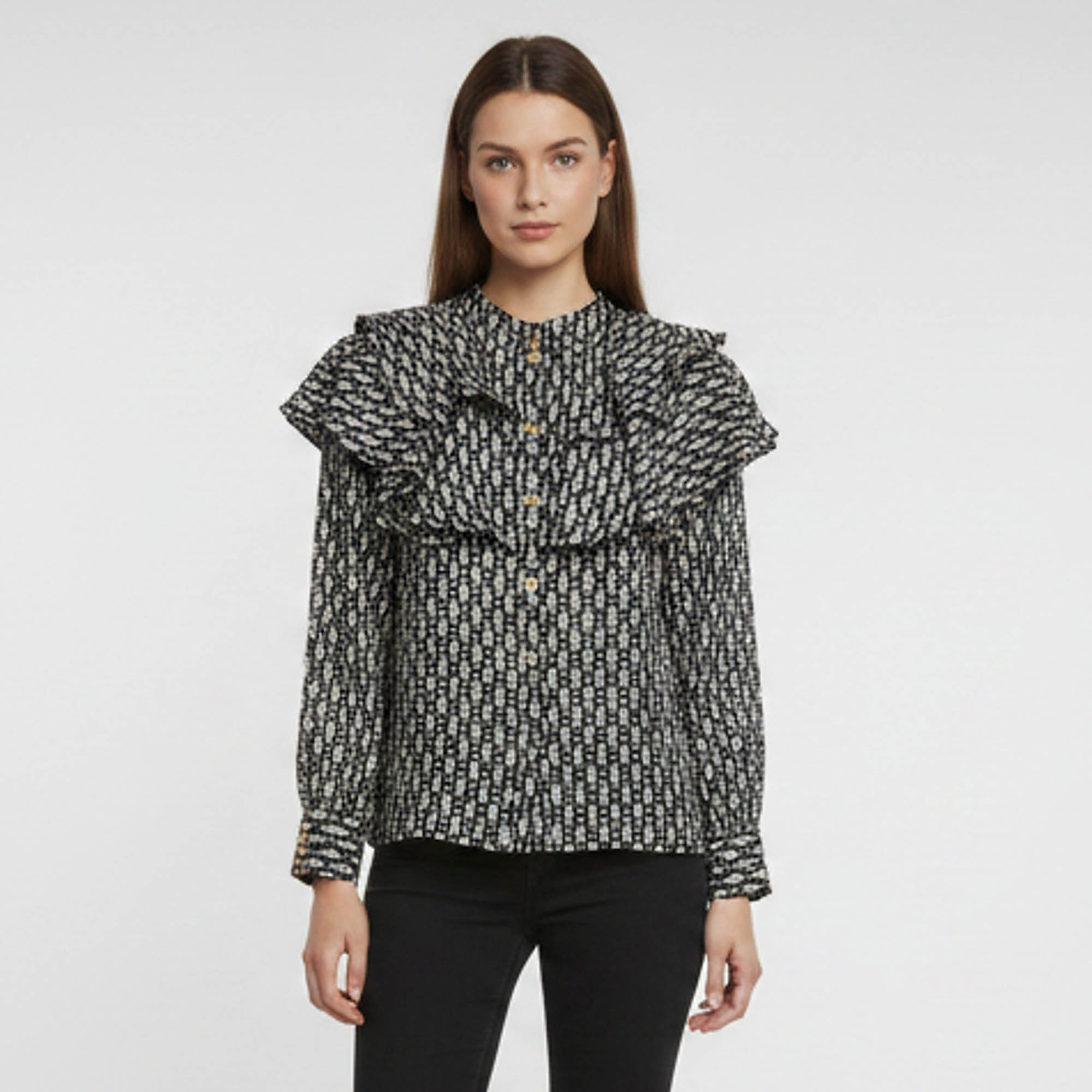 Sandro Black Printed Silk Ruffle Reine Blouse XS