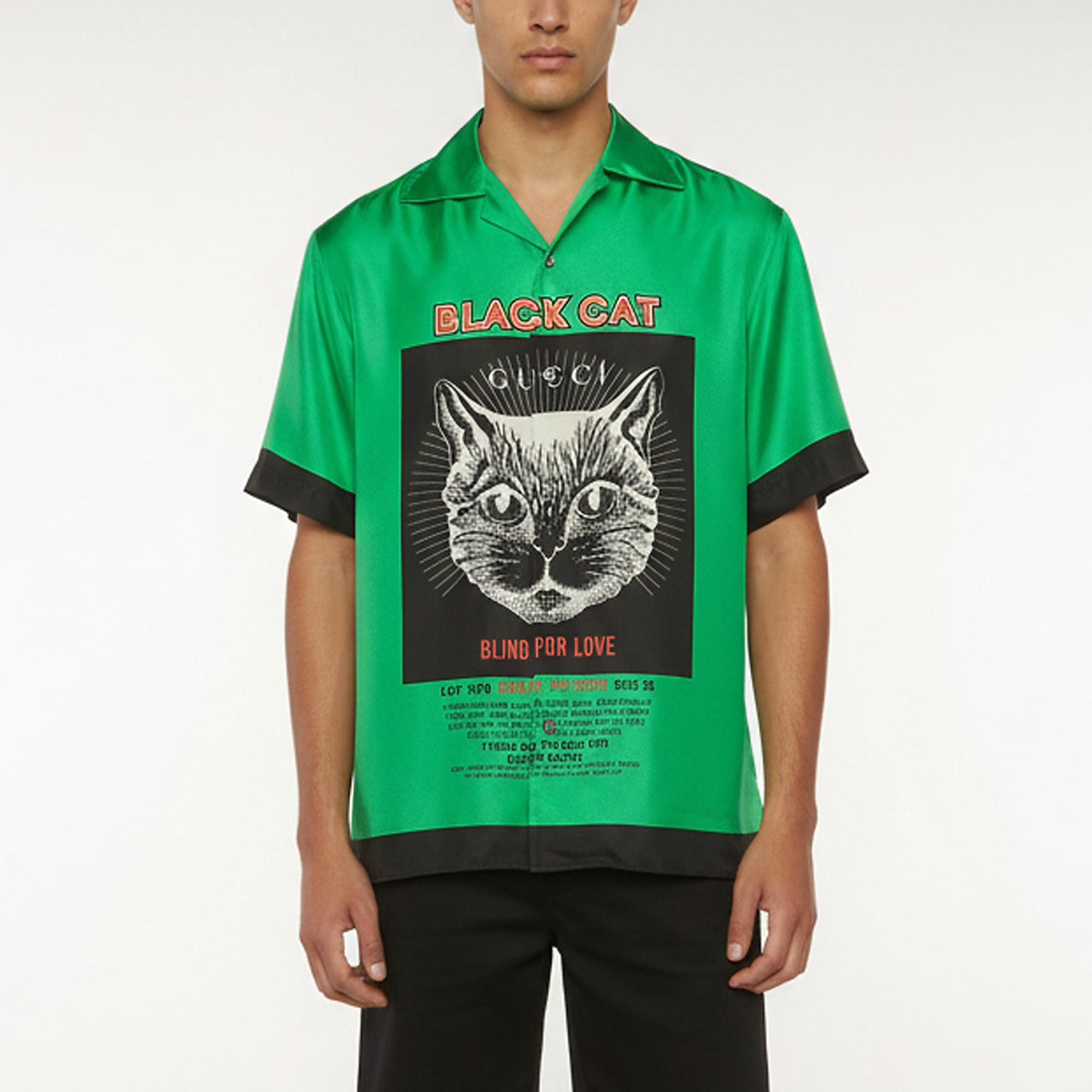 Gucci Green Cat Print Silk Bowling Short Sleeve Shirt S