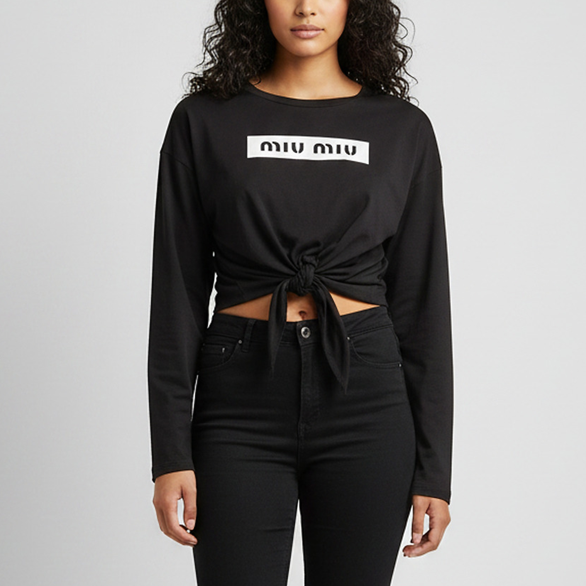 Miu Miu Black Logo Print Jersey Tie-Up Crop Top M