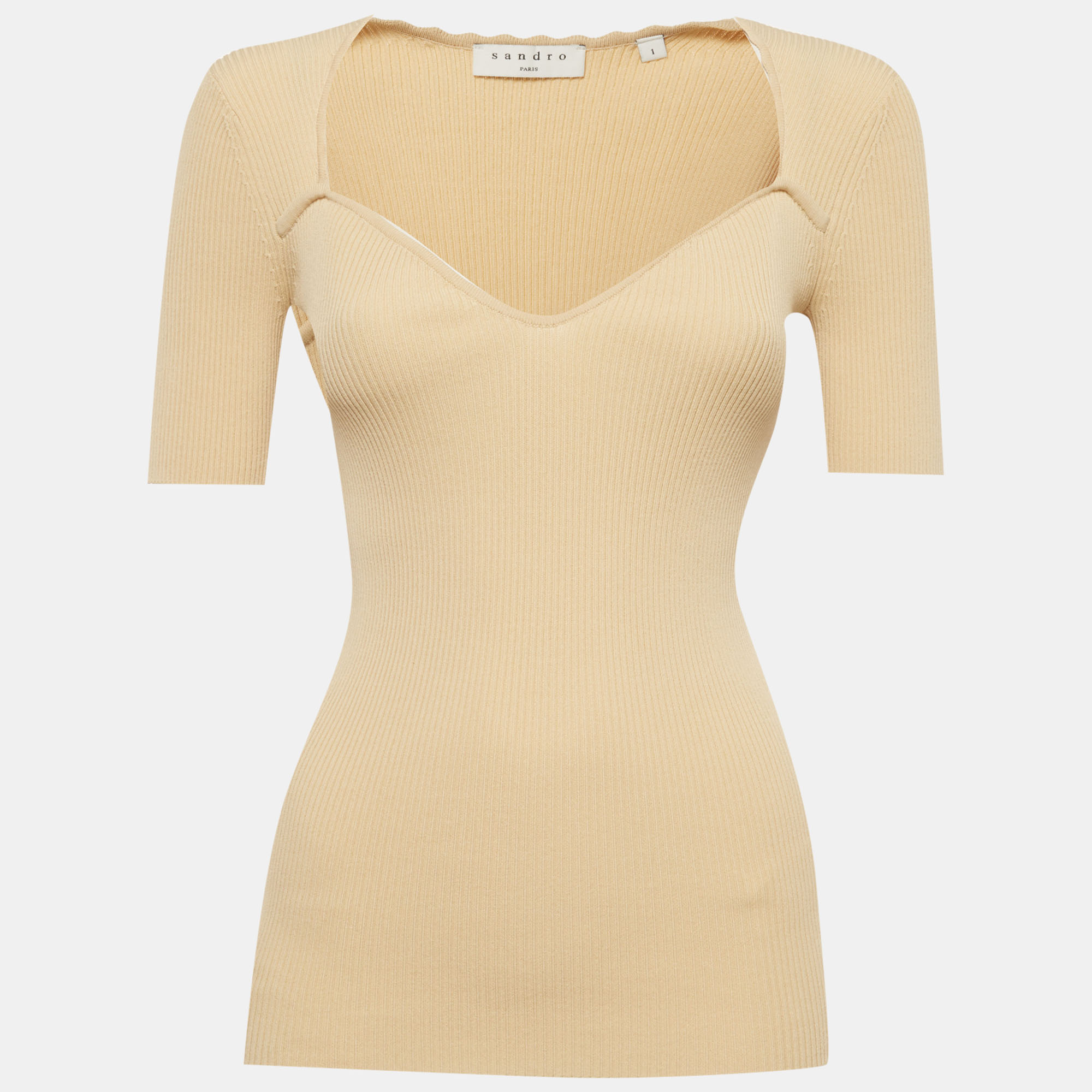 Sandro Beige Rib Knit Sweetheart Top S