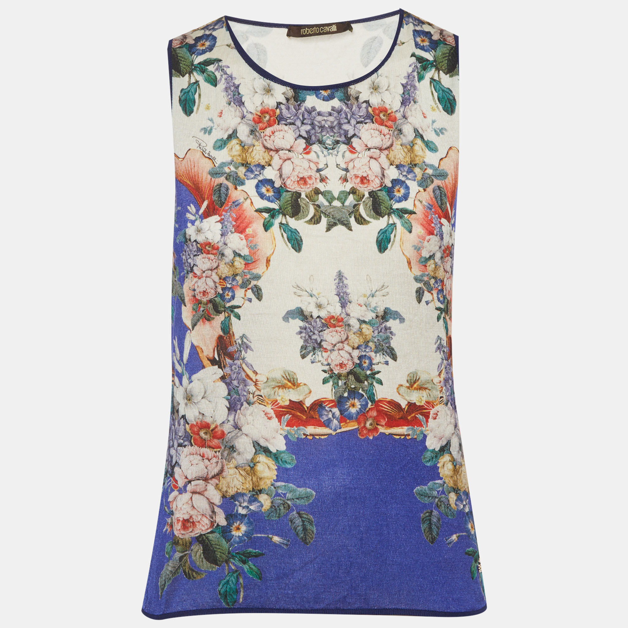 Roberto Cavalli Blue/Cream Floral Print Silk Knit Tank Top M