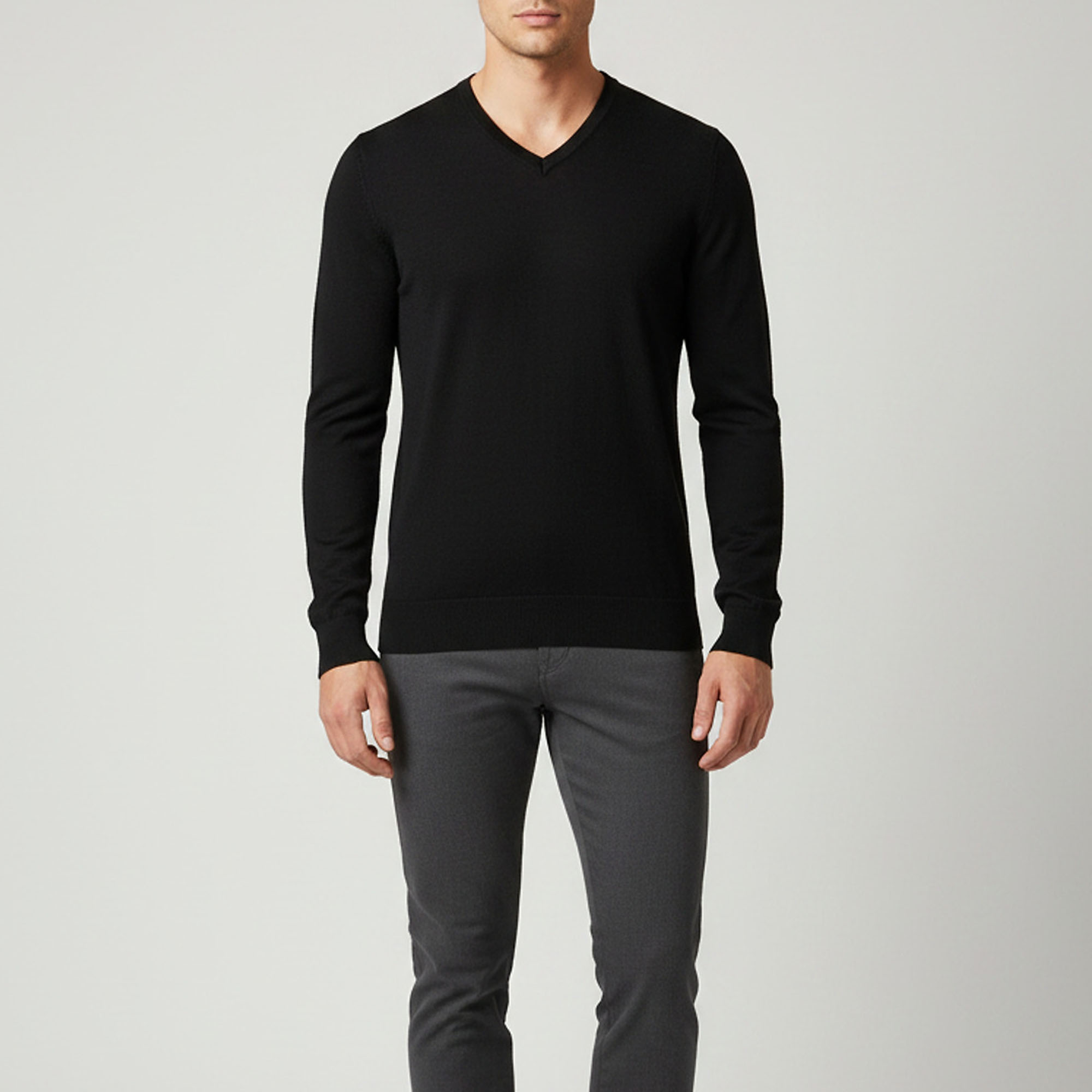 Armani Collezioni Black Wool Knit V-Neck Pullover M