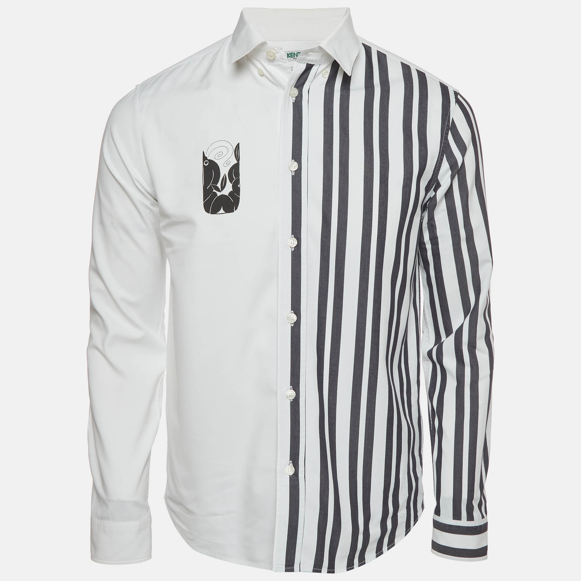 Kenzo White Cotton Printed Striped Button Down Shirt M
