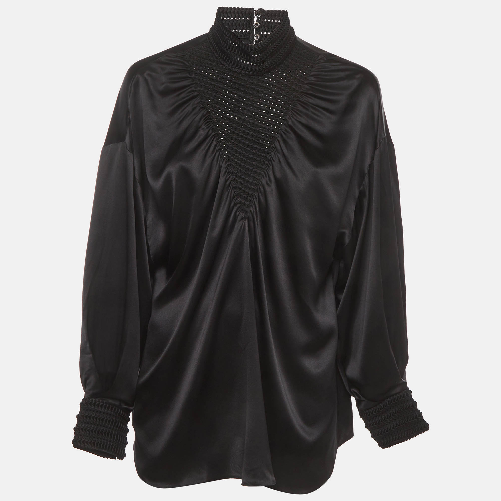 Fendi Black Satin Smocked Neck Detail Long Sleeve Blouse M