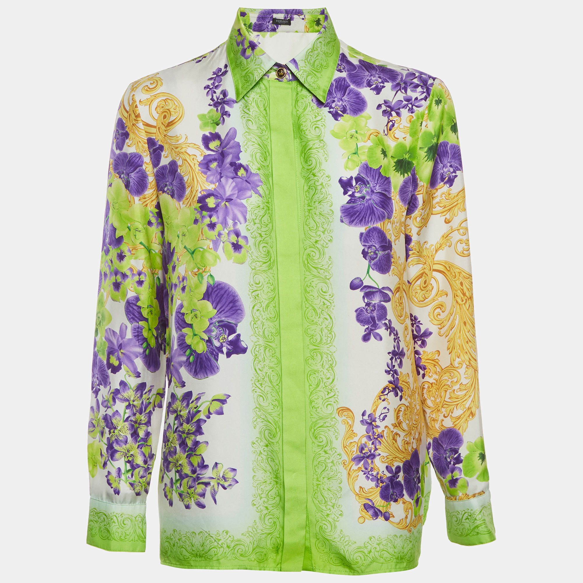 Versace Multicolor Orchid Barocco Print Silk Shirt XXS