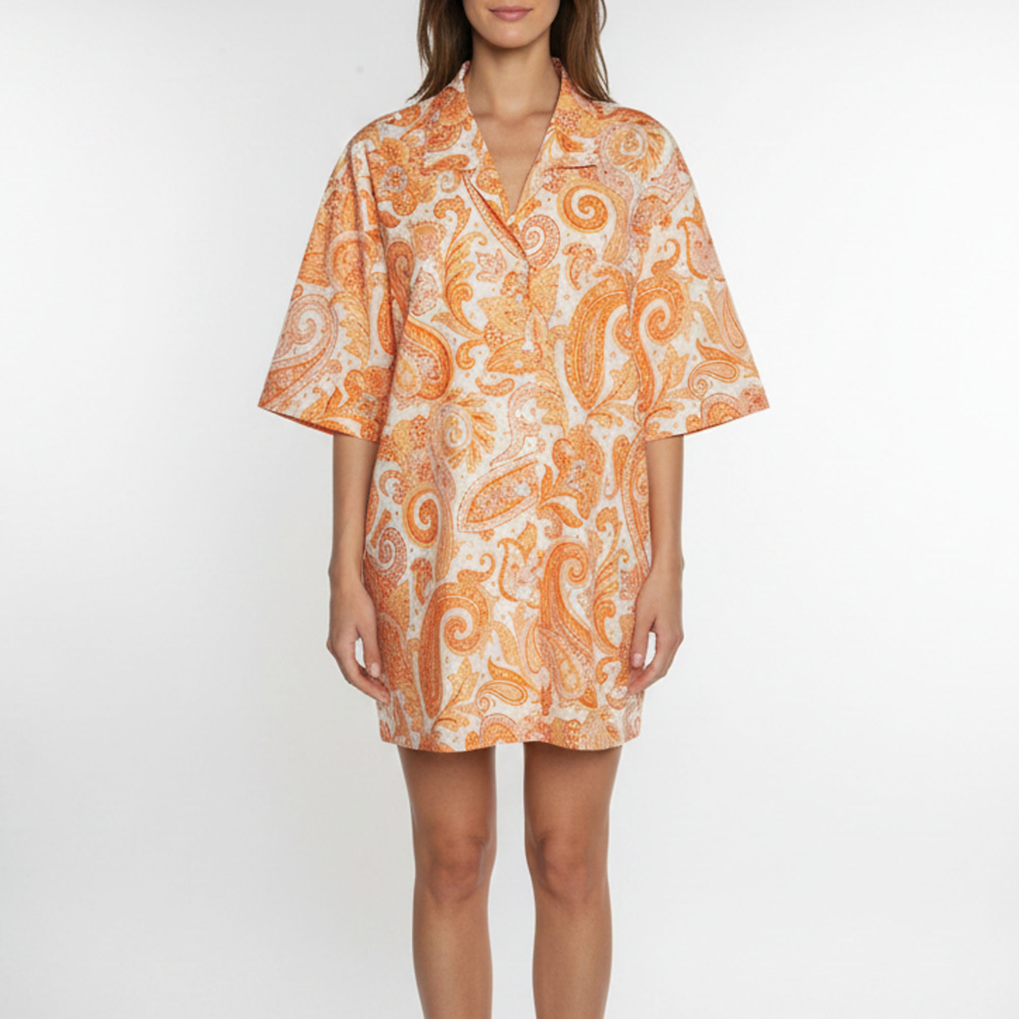 Etro Orange Paisley Print Poplin Bowling Shirt XL