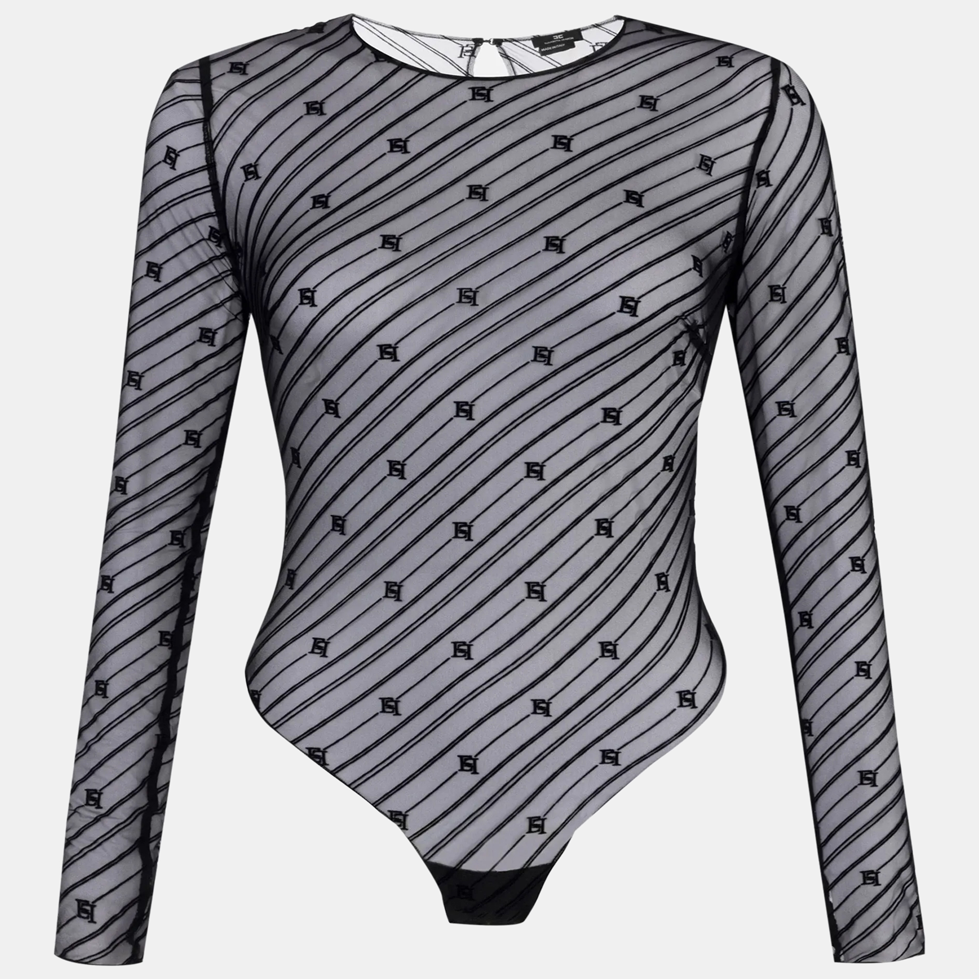 Elisabetta Franchi Black Flocked Monogram Mesh Bodysuit Top S