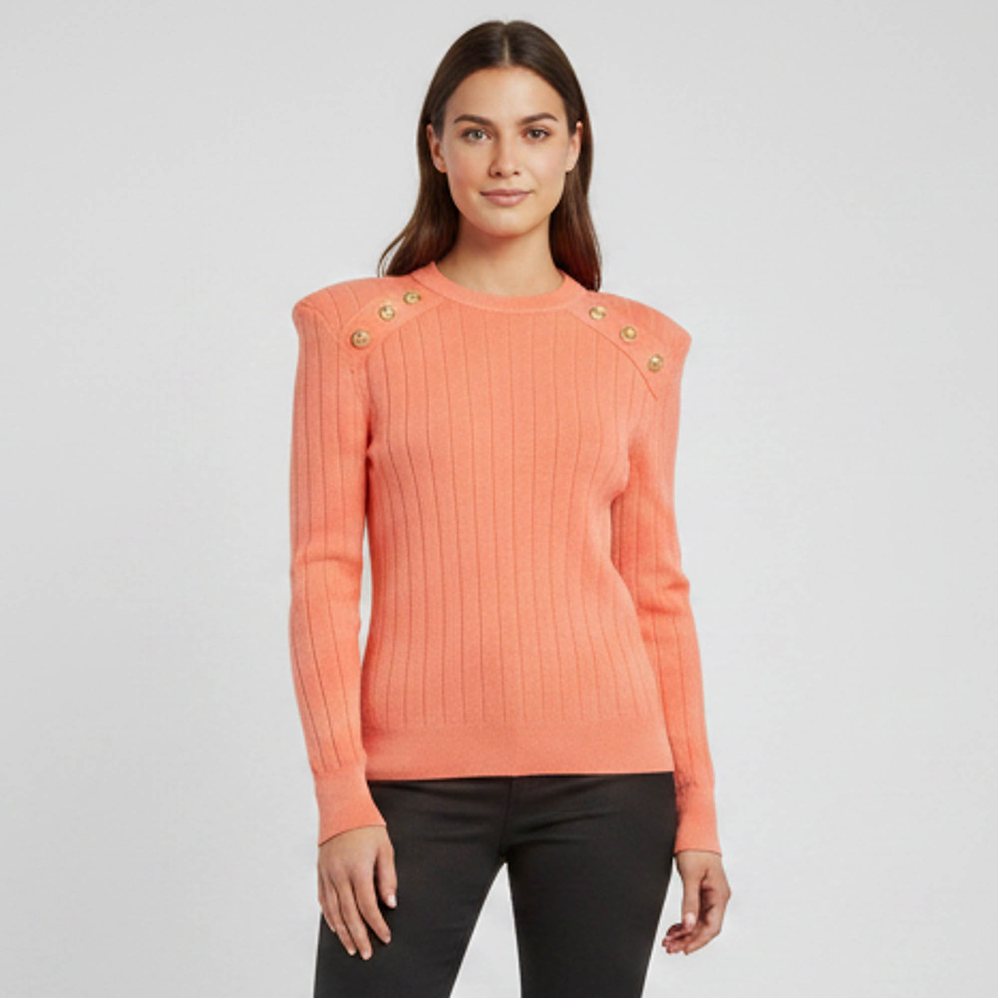 Balmain Pink Button Embellished Rib Knit Pullover Sweater L