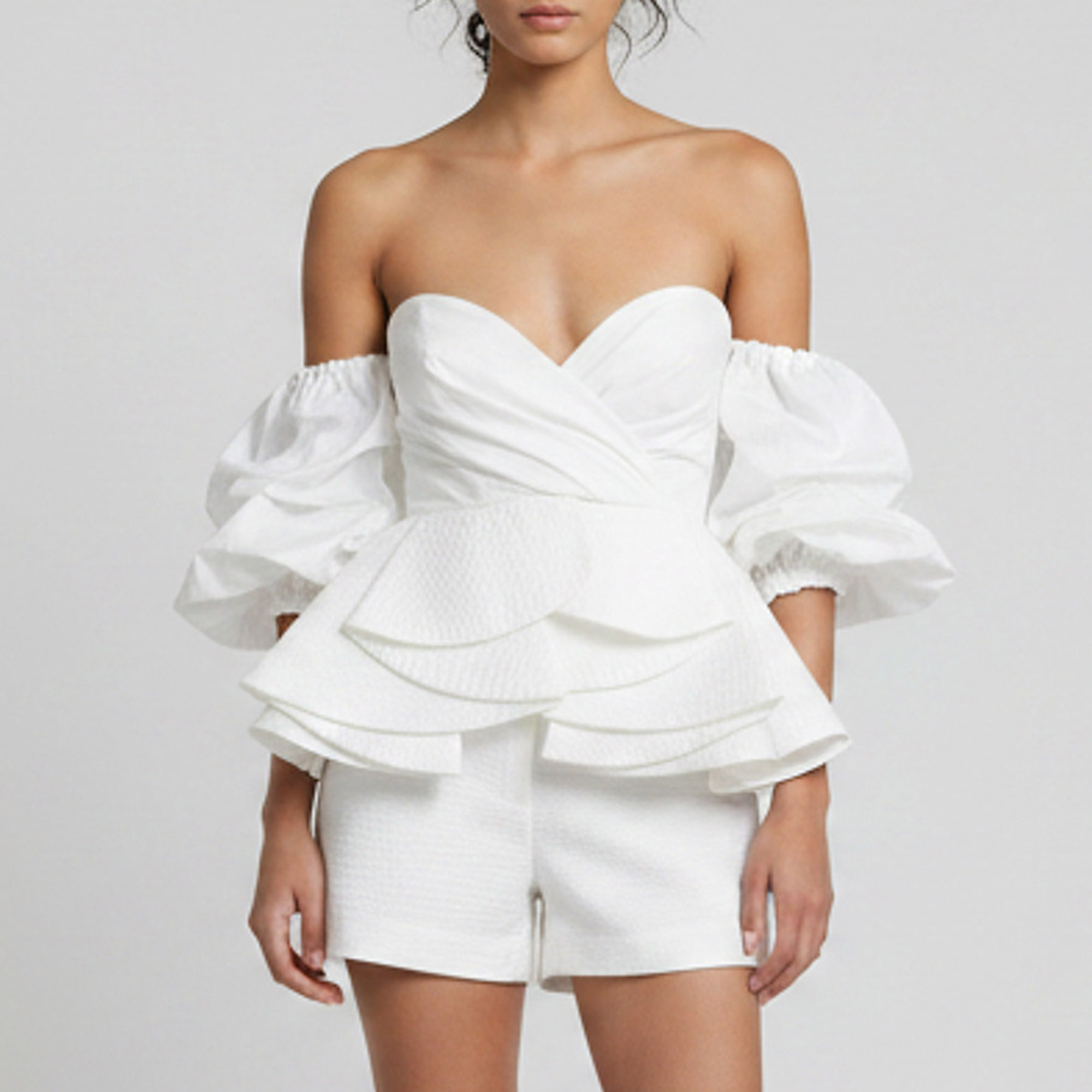 Johanna Ortiz White Cotton Puffed Sleeve Off The Shoulder Tops S
