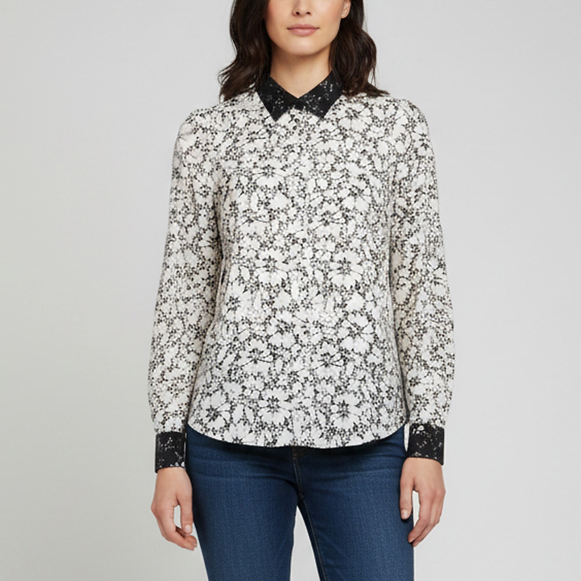 Louis Vuitton Monochrome Floral Print Silk Long Sleeves Shirt M