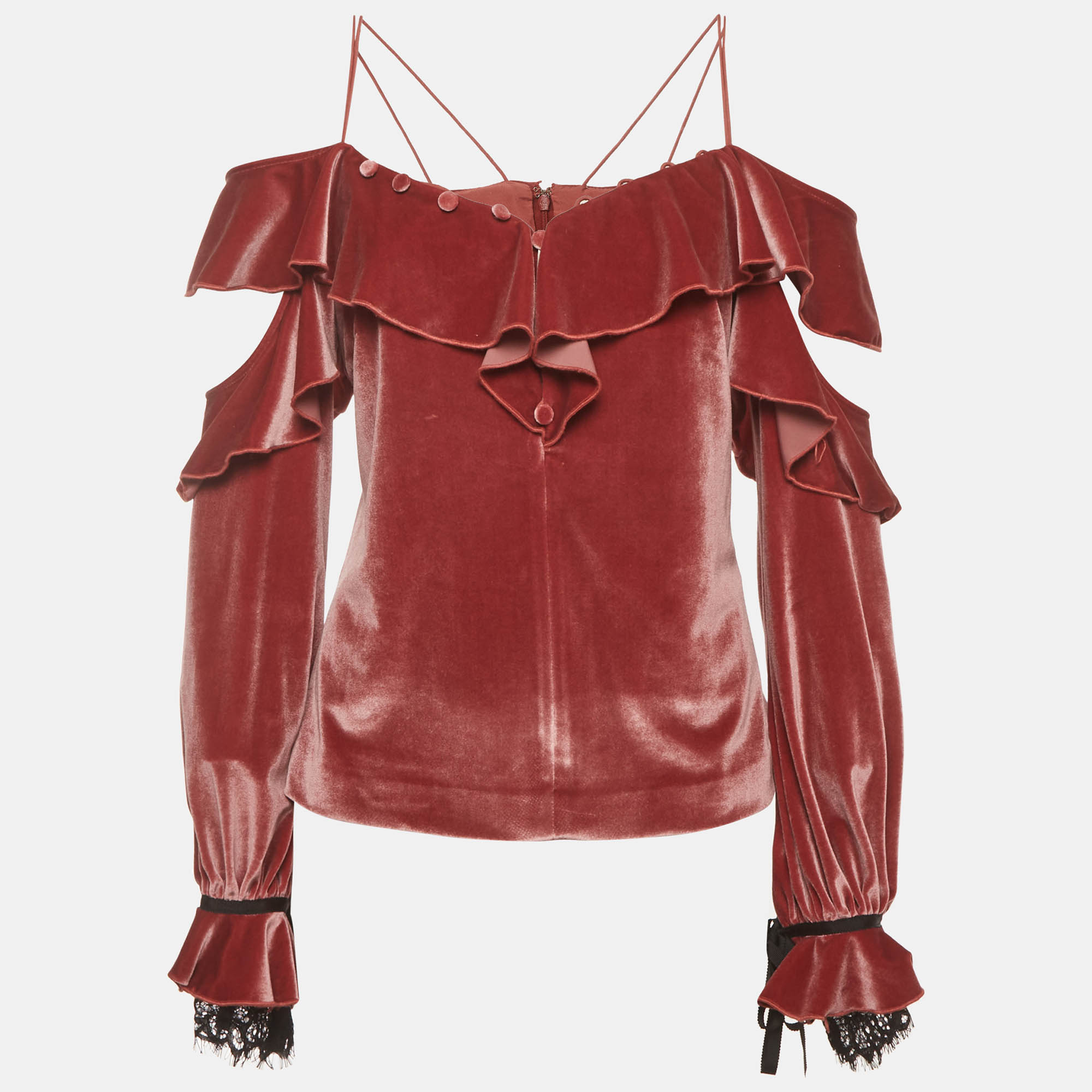 Self-Portrait Pink Velvet Ruffled Off Shoulder Top M