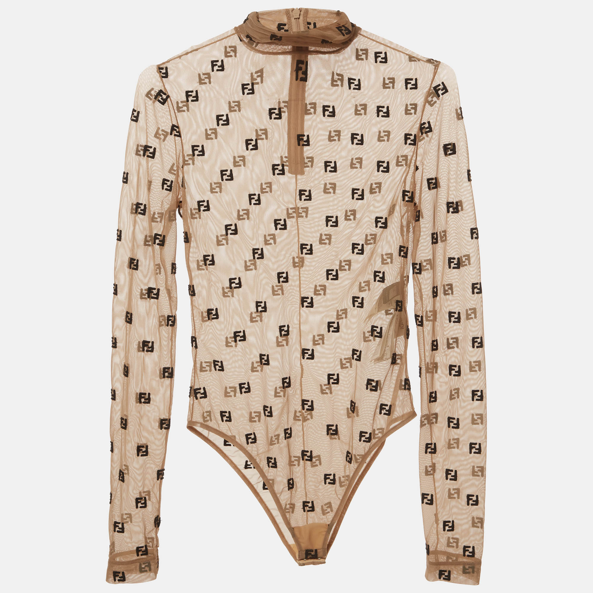 Fendi Beige FF Embroidered Stretch Tulle Turtle Neck Bodysuit XS