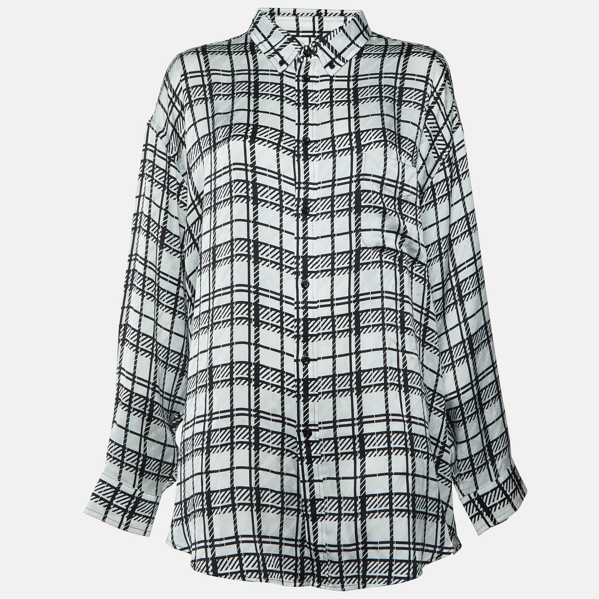 Balenciaga Black/White Plaid Monogram Jacquard Silk Oversized Shirt L