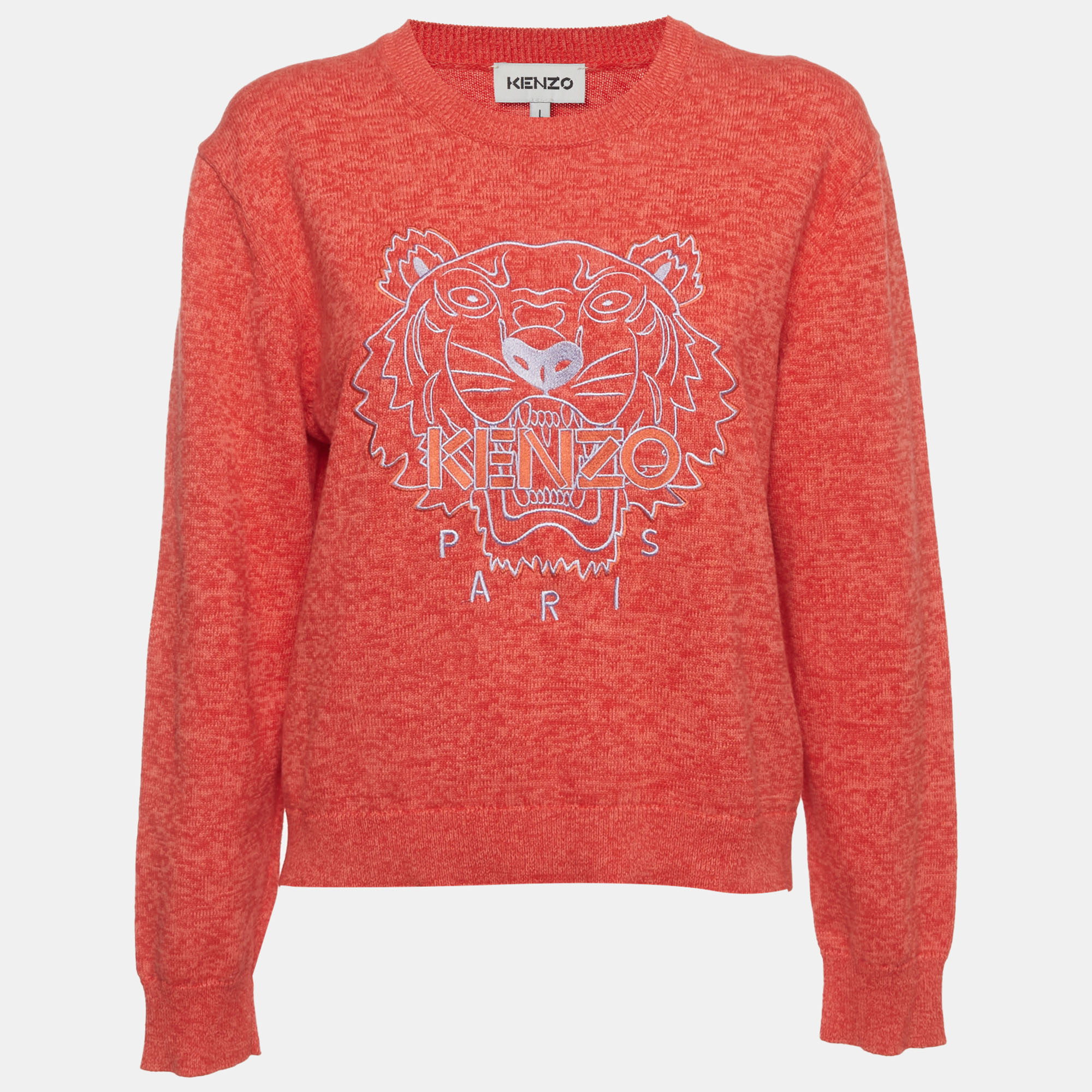 Kenzo Pink Tiger Embroidered Cotton Knit Sweater L