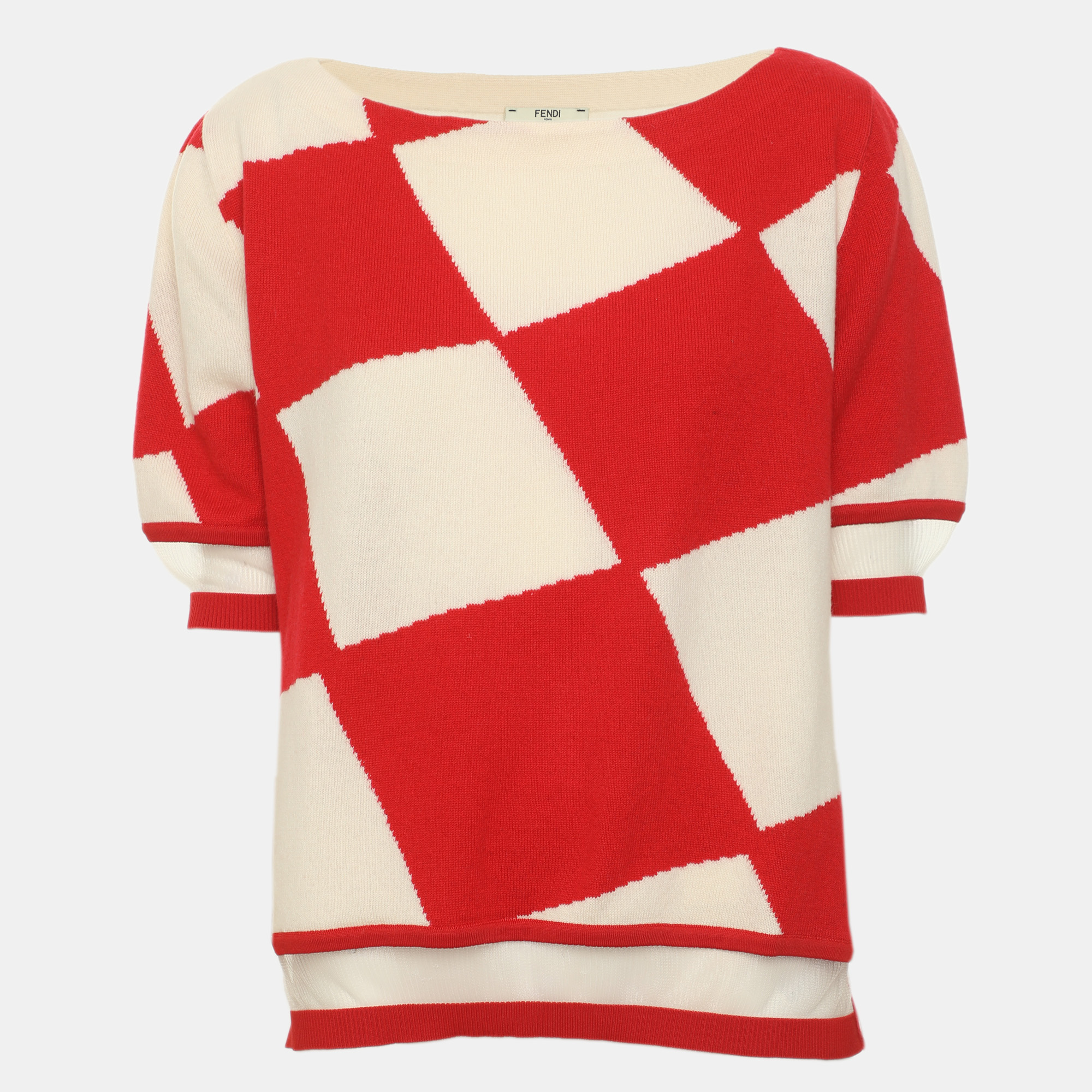 Fendi Red/Off White Knit Half Sleeve Sweater M