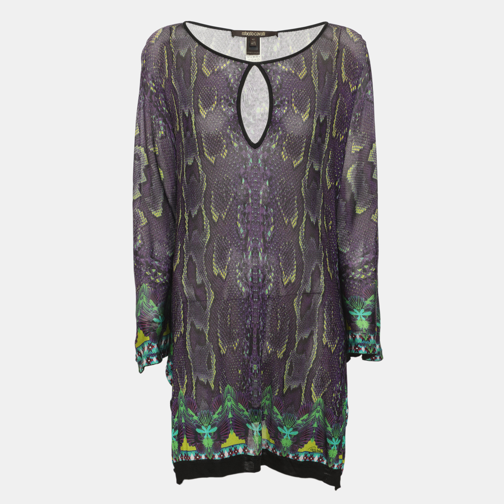 Roberto Cavalli Multicolor Snake Print Viscose Knit Belted Kaftan Top M