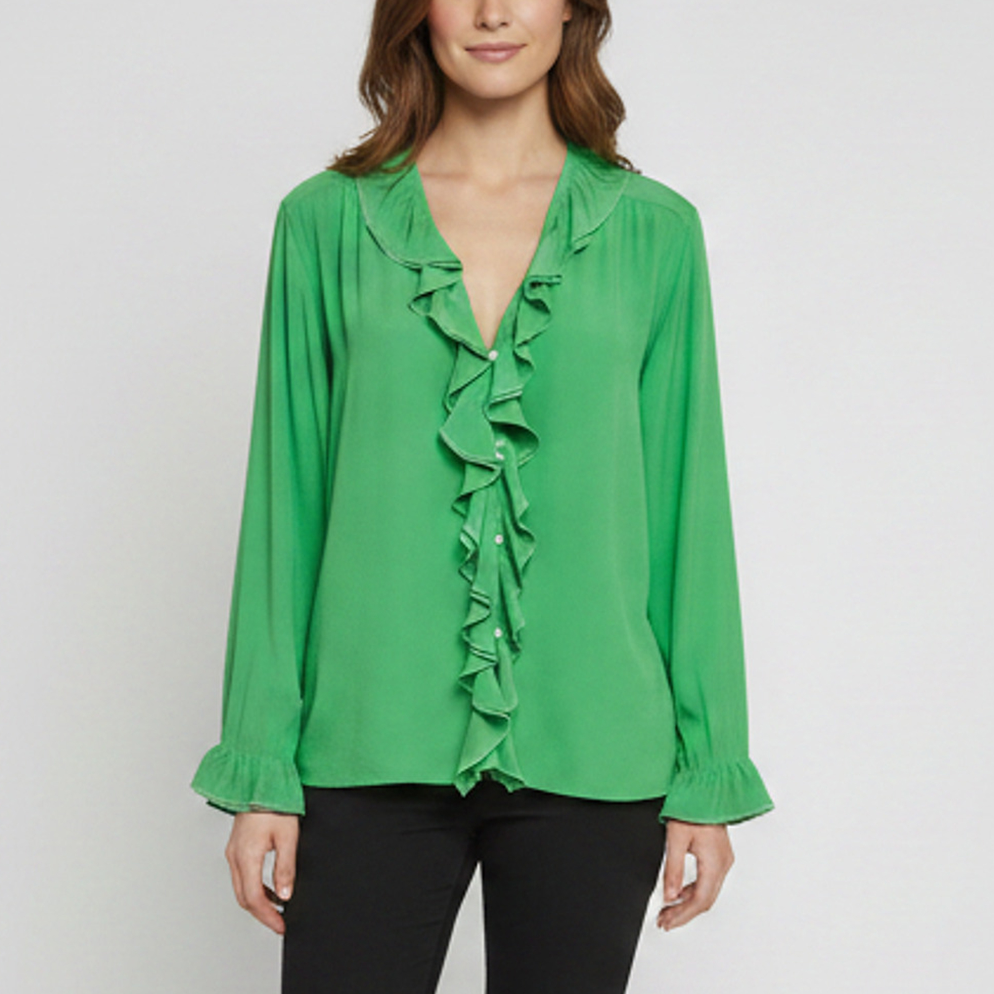 Victoria Beckham Green Crepe Ruffle Long Sleeve Top S