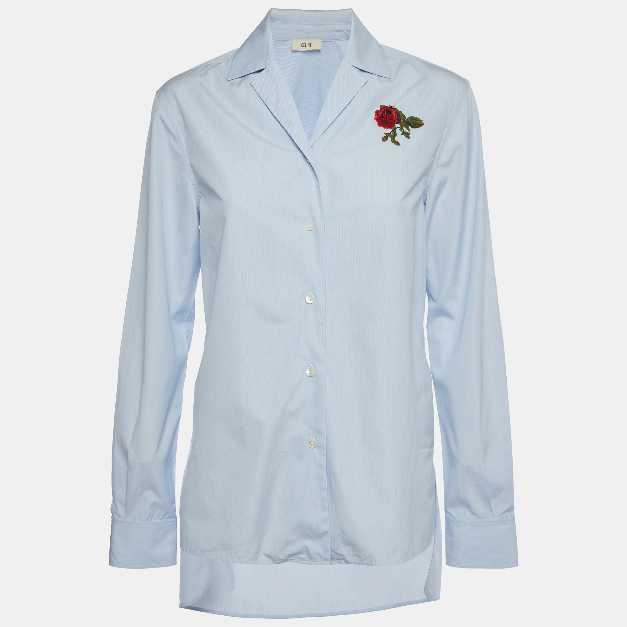 Celine Blue Pinstripe Cotton Rose Embroidered Long Sleeve Shirt S