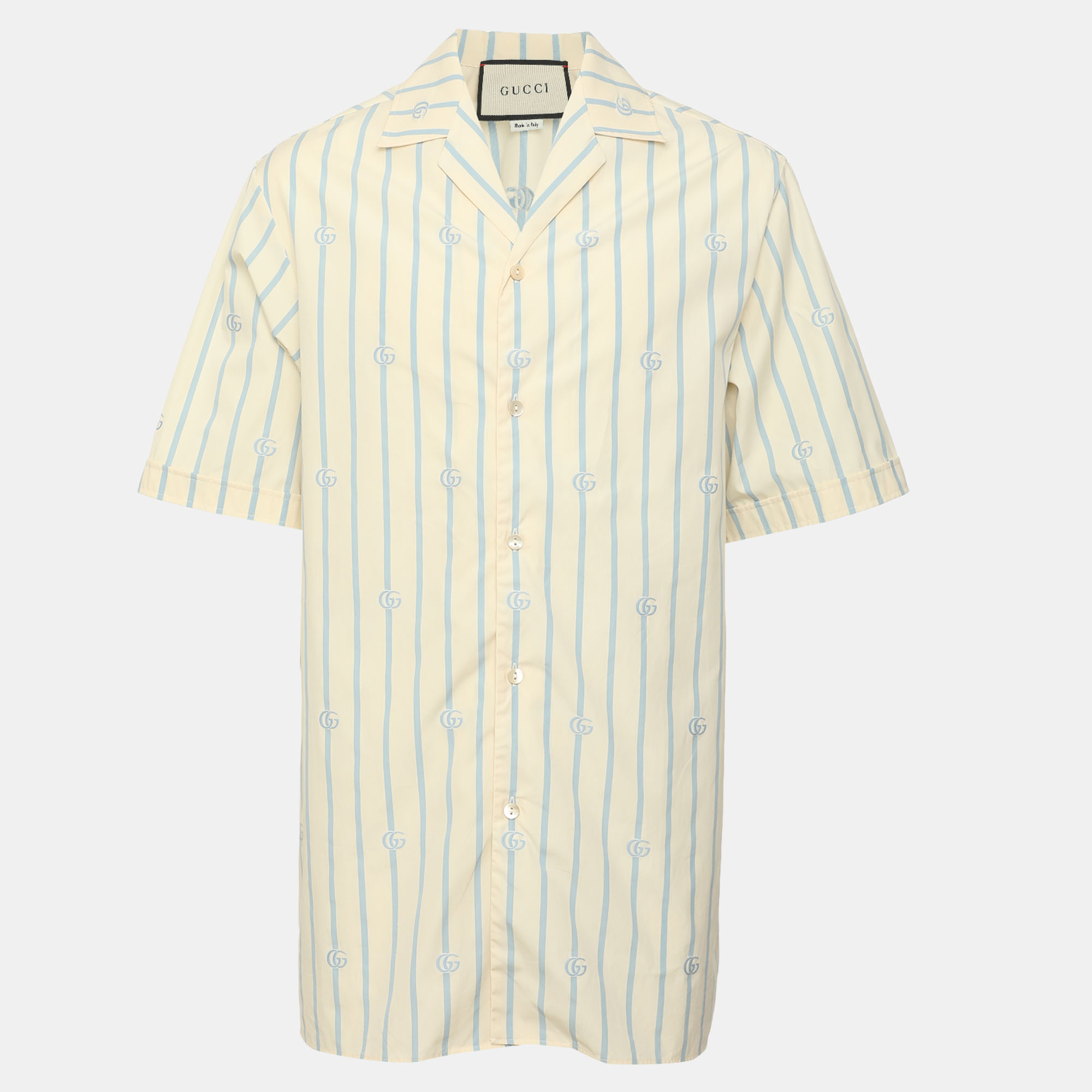 Gucci Light Beige Blue Stripe Poplin Short Sleeve Shirt XXL
