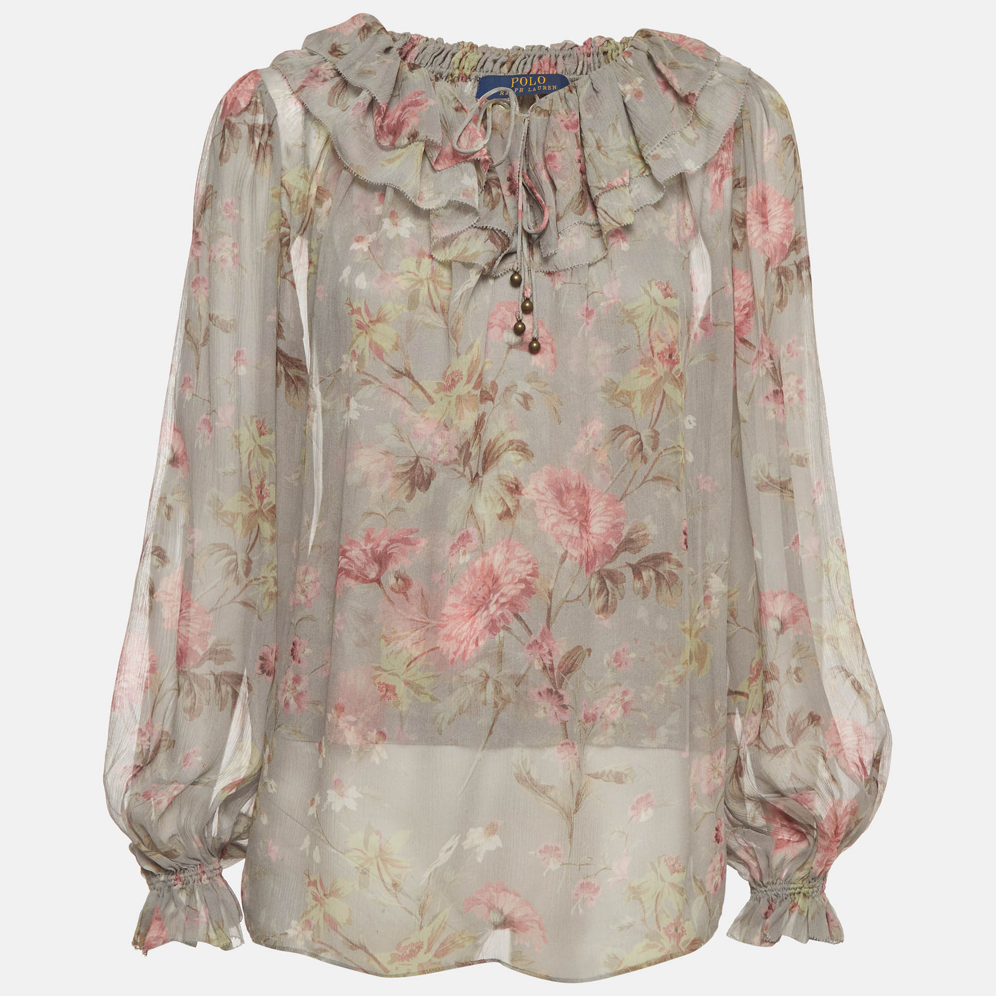 Polo Ralph Lauren Green Floral Ruffle Long Sleeve Blouse S