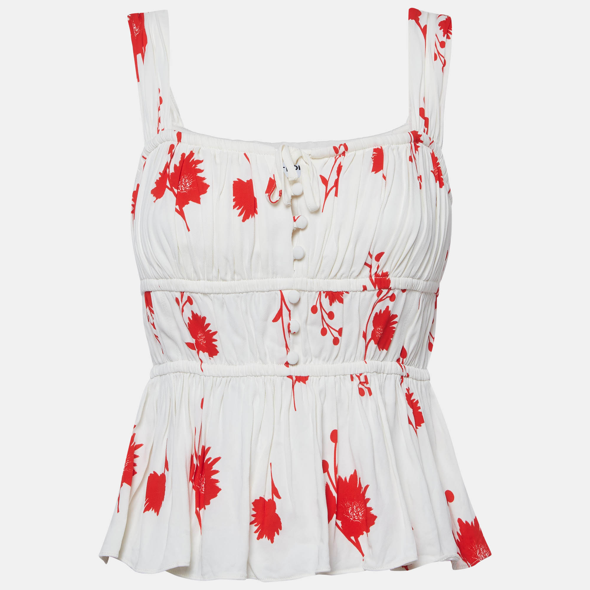 Self-Portrait Off-White/Red Floral Print Stretch Crepe Wild Daisy Top S