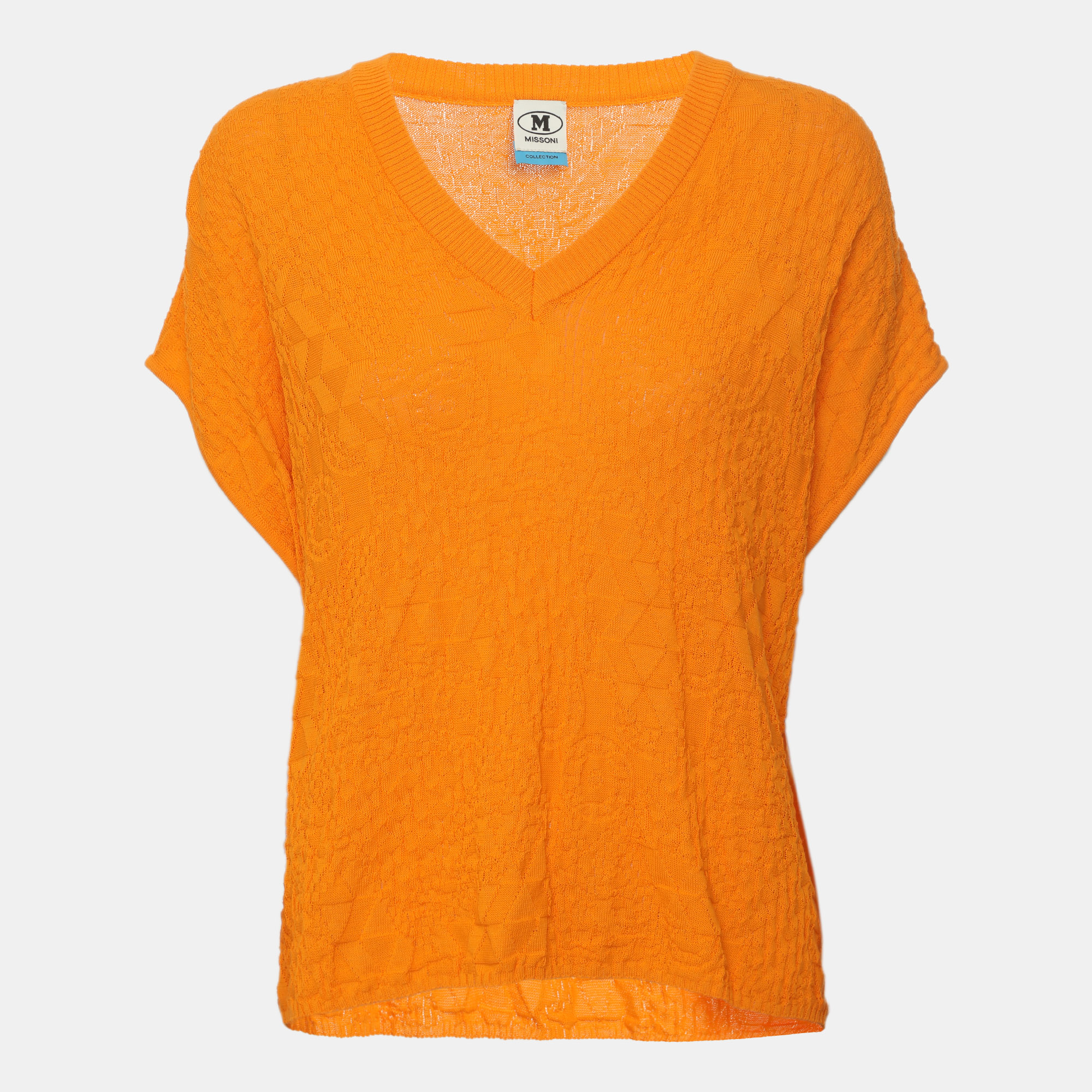 Missoni Orange Cotton Knit Jacquard Sleeveless V Neck Top S M Missoni