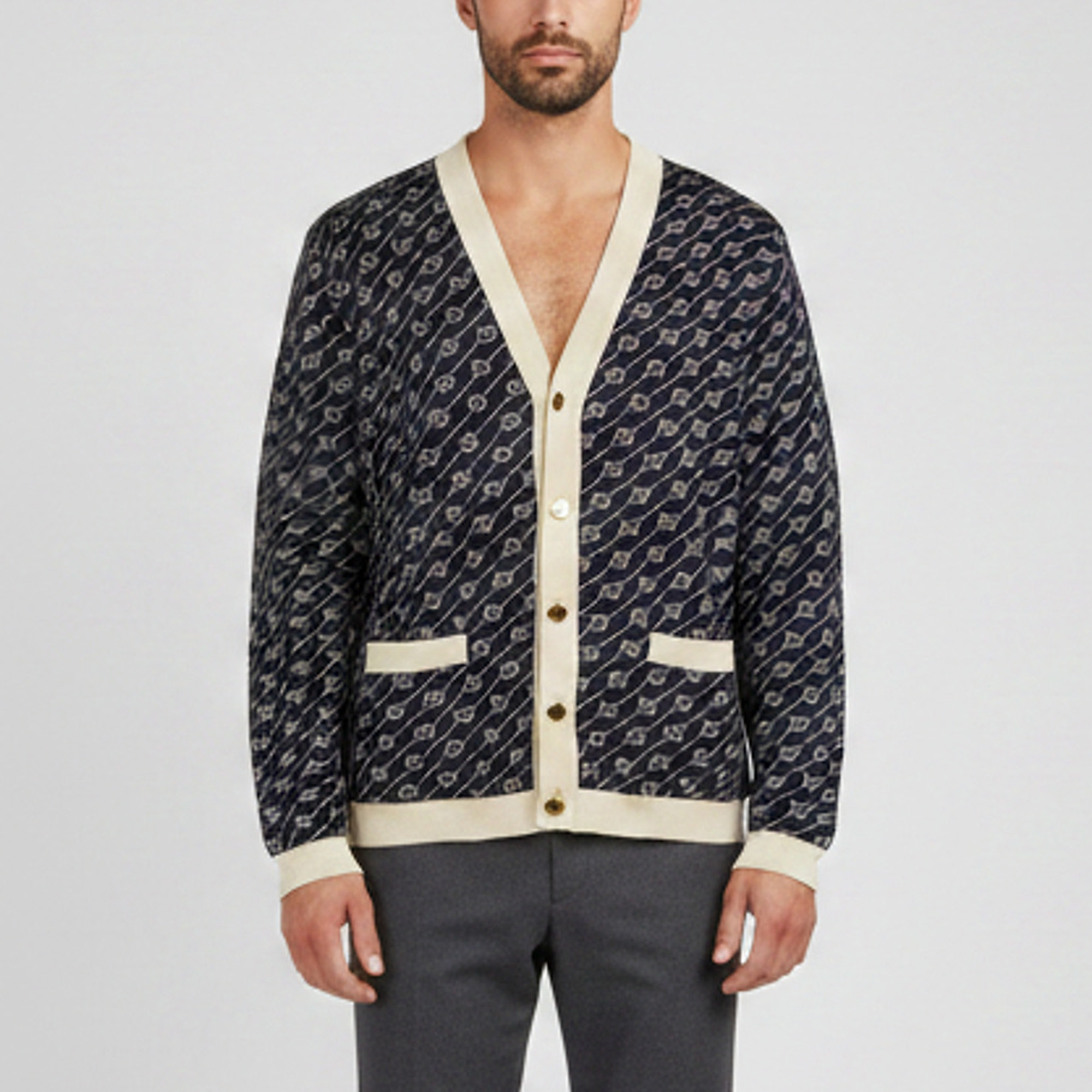 Gucci Navy Blue Diagonal Monogram Jacquard Knit Cardigan XXL
