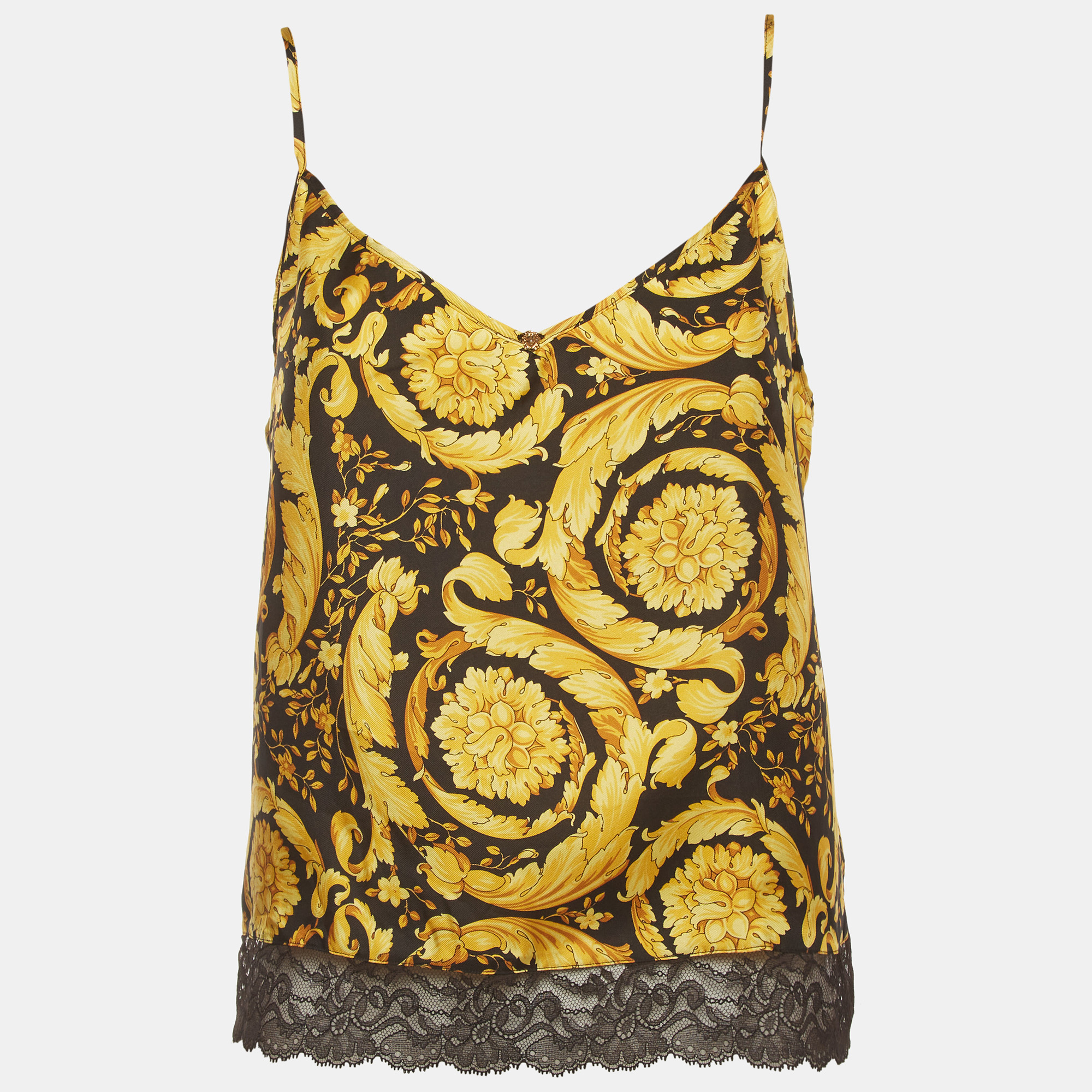 Versace Black/Gold Barocco Print Silk Lace Trim Camisole XL
