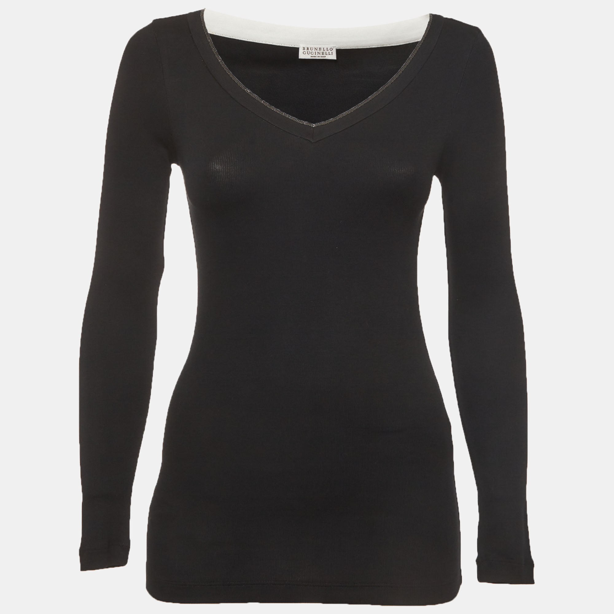 Brunello Cucinelli Navy Blue Stretch Cotton Monili Detail Top XS