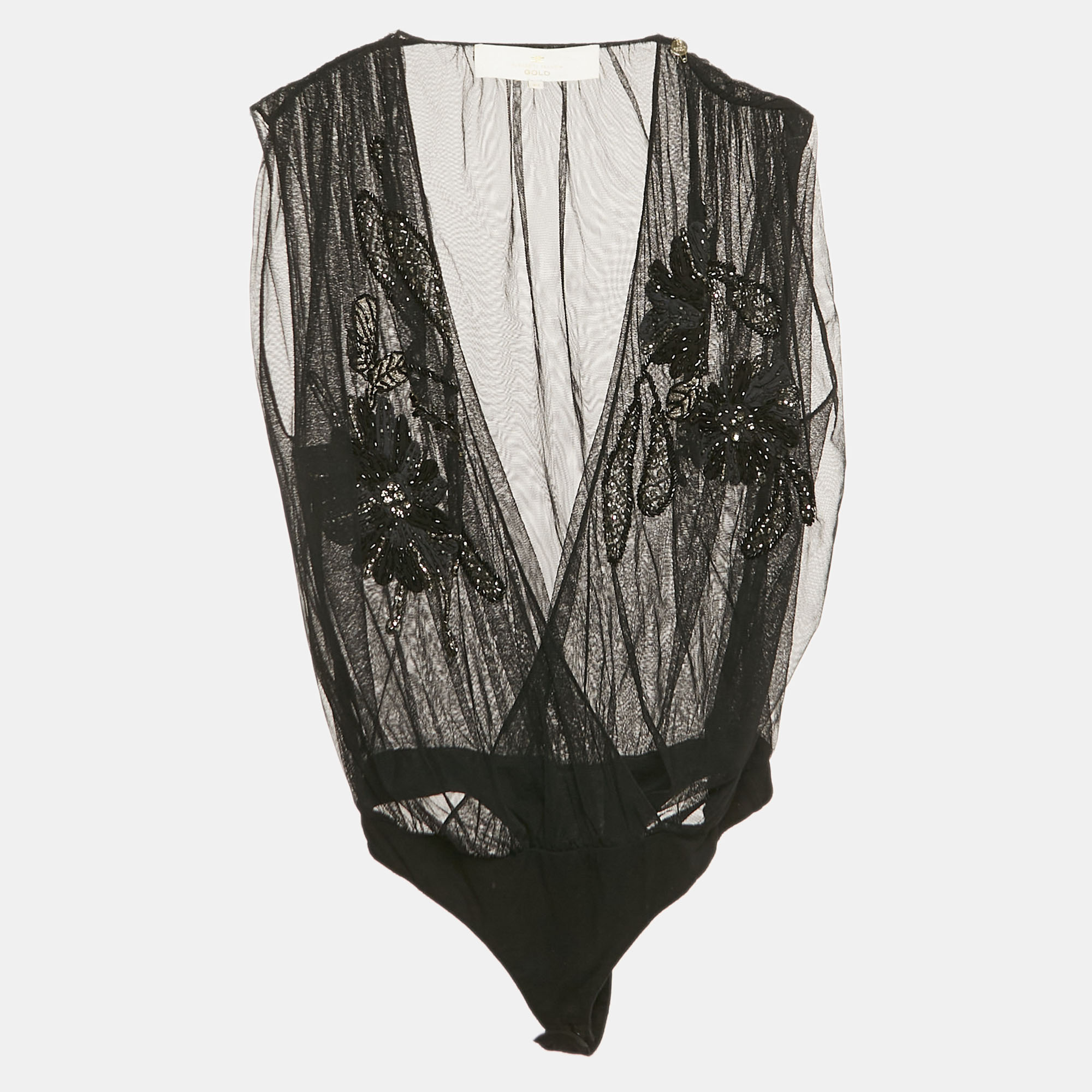 Elisabetta Franchi Gold Black Embellished Tulle Sleeveless Bodysuit S