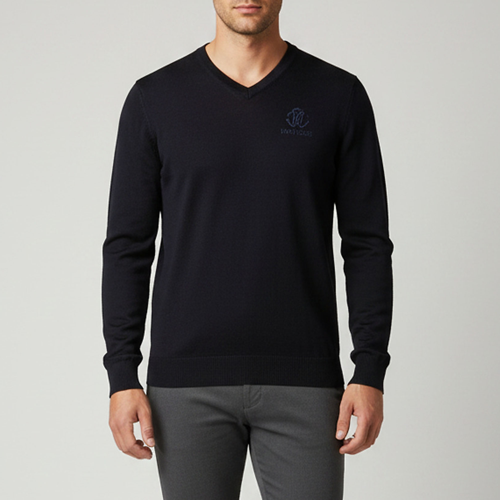 Roberto Cavalli Navy Blue Logo Embroidered Wool Knit Pullover M