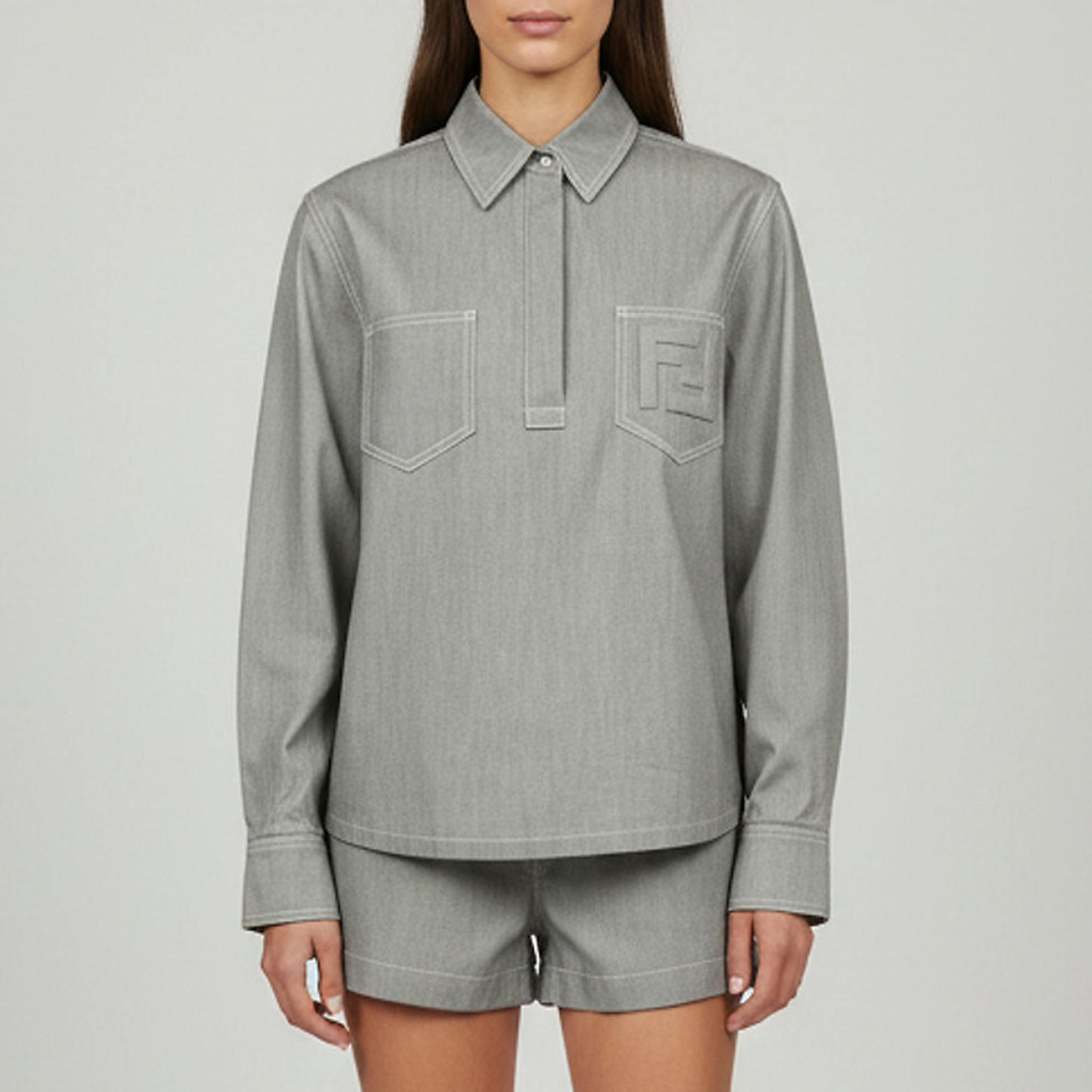 Fendi Grey Logo Embossed Cotton Pullover Shirt XS