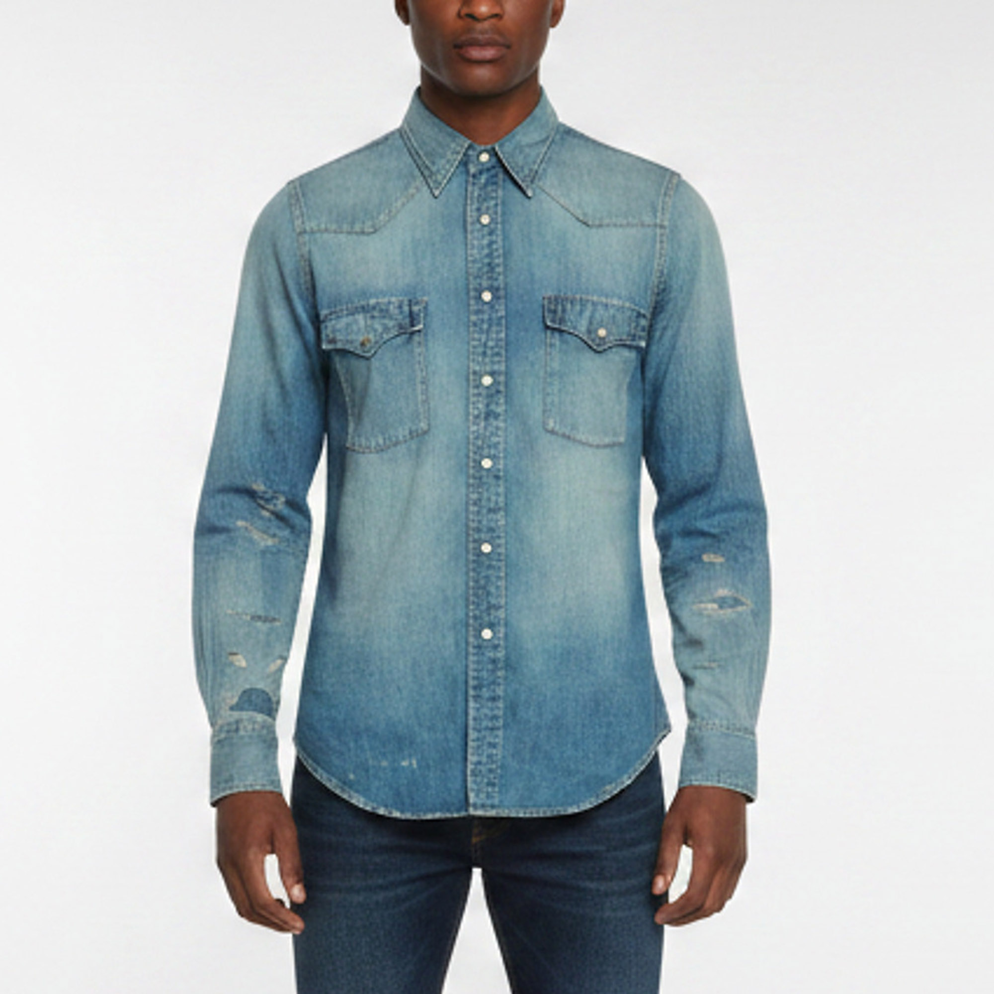 Saint Laurent Blue Distressed Denim Western Shirt S Saint Laurent Paris